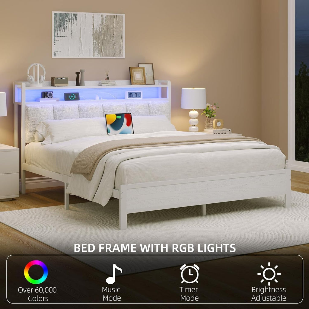 IMMERSTABLE Queen Bed Frames with LED Lights and Charging Station, Metal Platform Queen Size Bed Frame with Upholstered Storage Headboard, Heavy Duty Metal Slat Support, Easy Assembly, White