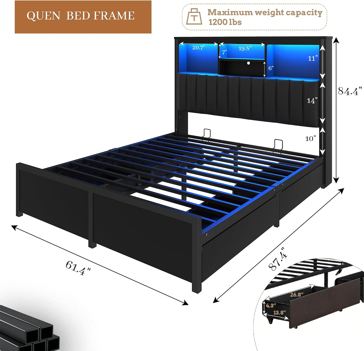 Queen Bed Frame with Storage Drawers & High Storage Headboard, Metal Queen Bed Frame with Headboard, LED light & Charging Station, Platform Bed Frames Queen Size, No Box Spring Needed, Black