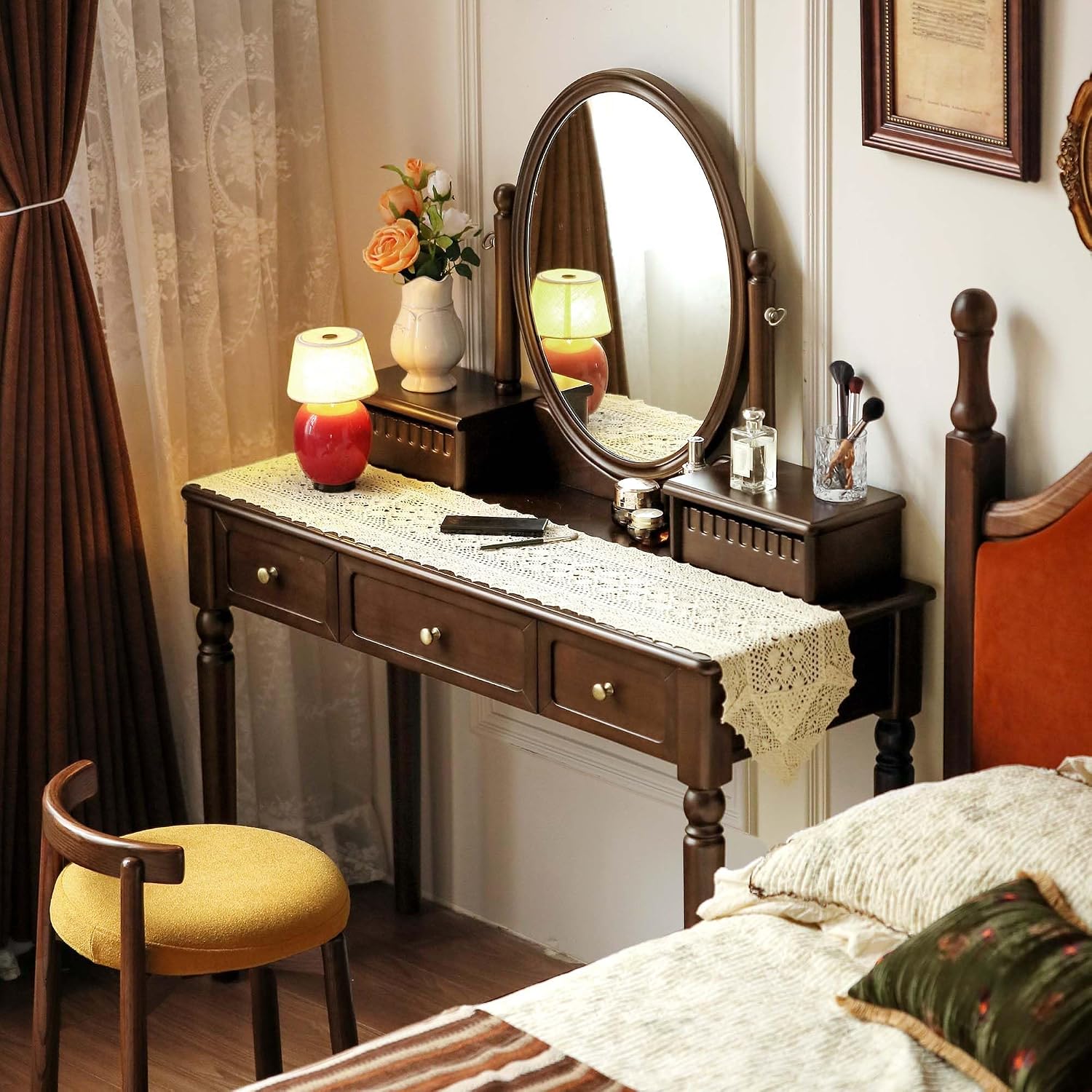 Solid Wood Vanity Desk with Mirror, Walnut Vintage Dressing Table for Bedroom, Antique Catalpa Makeup Table, 43' W x 18' D x 56' H