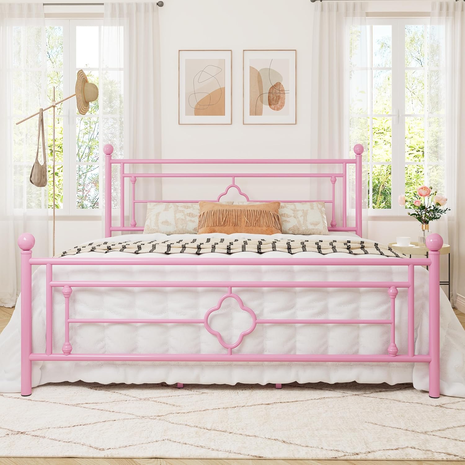 Allewie King Size Metal Platform Bed Frame with Victorian Vintage Headboard and Footboard/Mattress Foundation/Under Bed Storage/No Box Spring Needed/Noise-Free/Easy Assembly, Pink