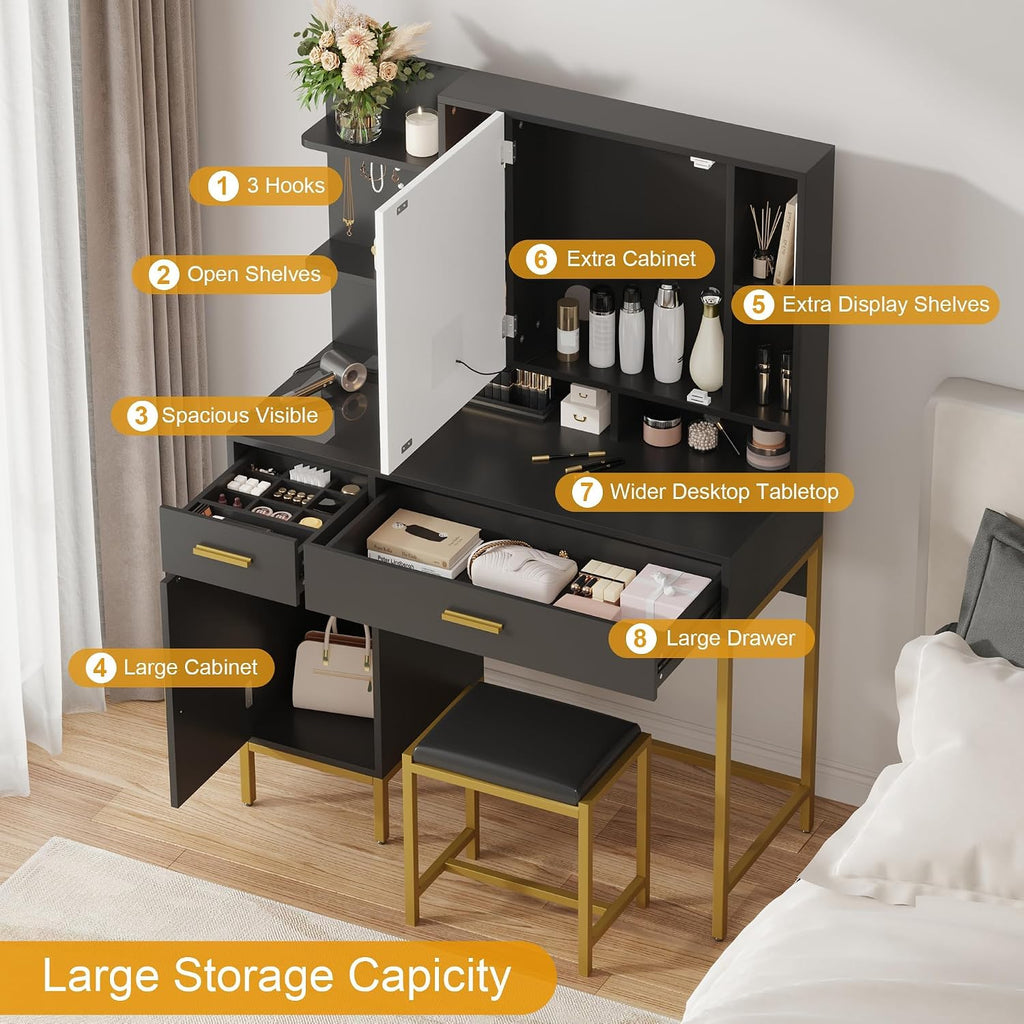 IDEALHOUSE Vanity Desk with Mirror and Lights, 42.5' Makeup Vanity Set with Stool, Makeup Table with Mirror Cabinet and Chair, Drawers & Shelves, Dressing Table with Outlet for Bedroom, Black