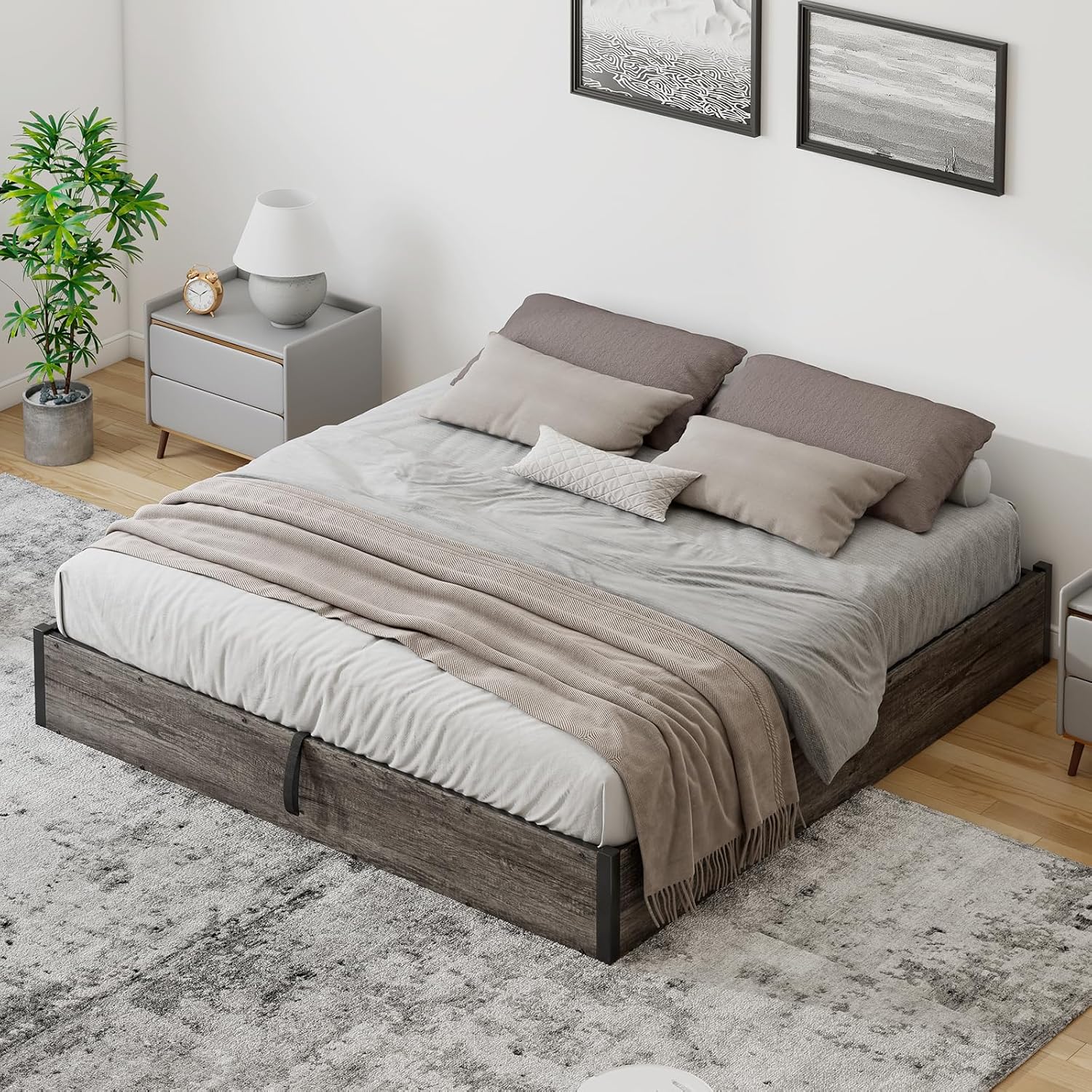 LUXOAK King Size Lift Up Storage Platform Bed Frame, Metal Bed Frame with Wooden Slats Support, No Box Spring Needed, Large Storage Space, Noise Free, Easy Assembly, Rustic Grey