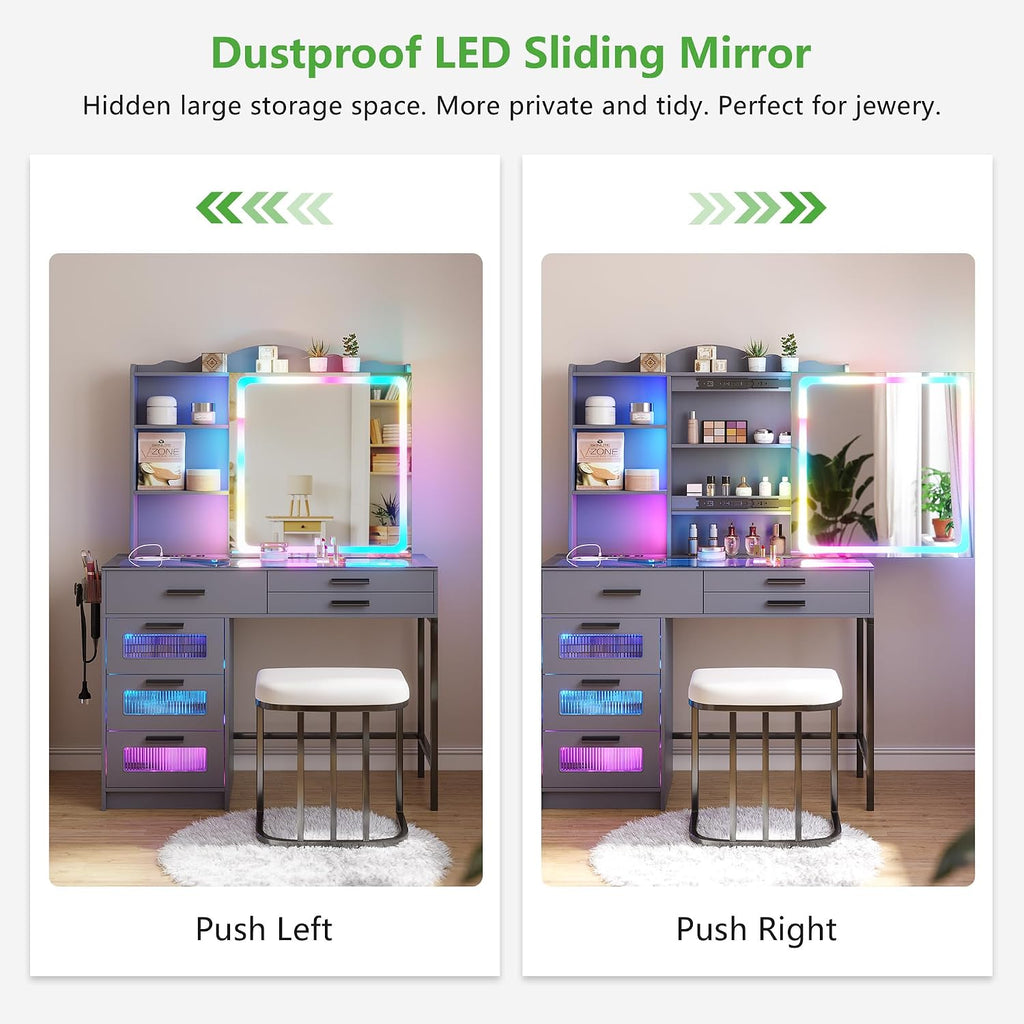 HENBC Vanity Desk with Sliding Mirror and Glass Desktop, LED Vanitys Mirror with RGB Lights Desk and Chair, Dressers Table Set with Charging Station/Makeup Organizer/6 Drawers for Bedroom(Grey)