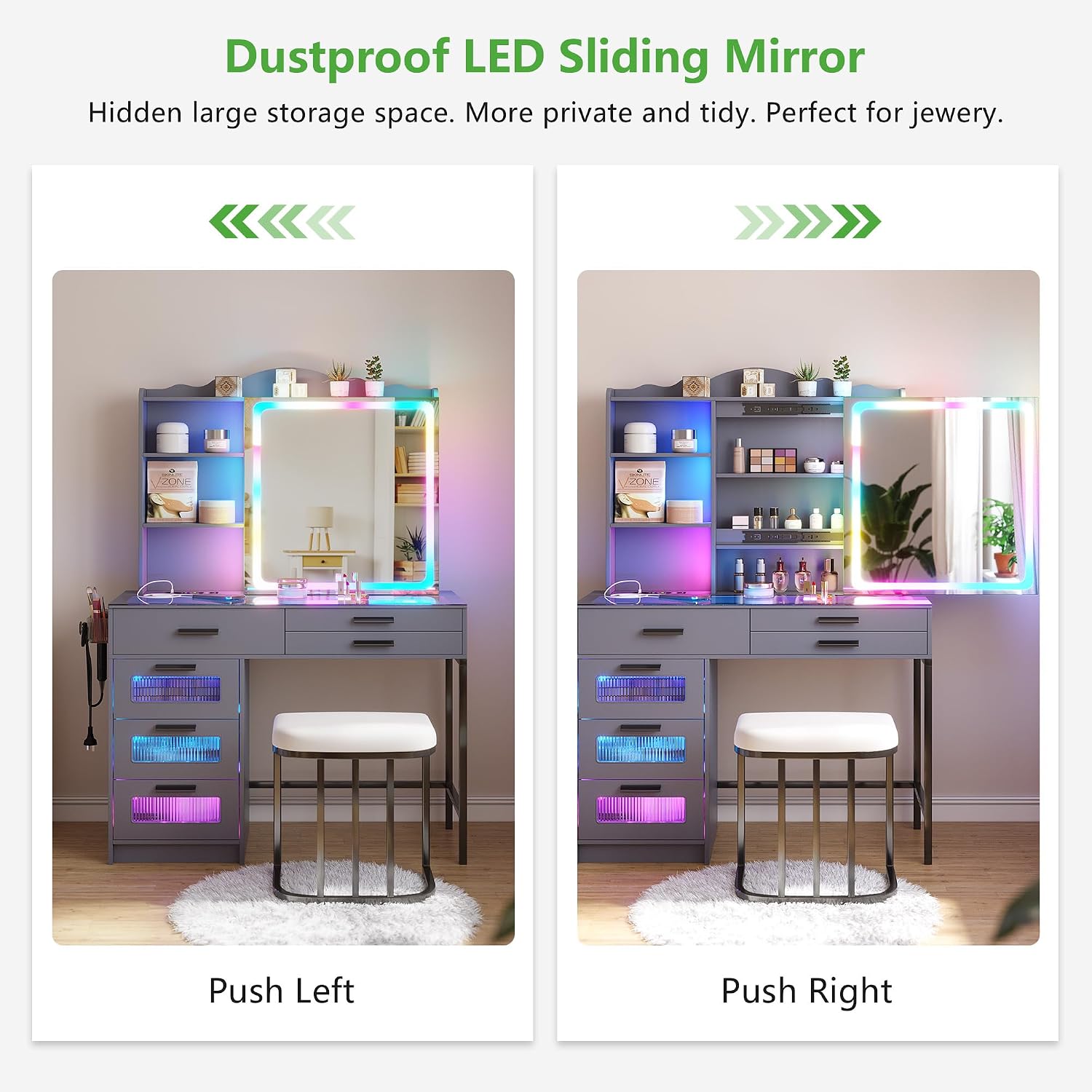 HENBC Vanity Desk with Sliding Mirror and Glass Desktop, LED Vanitys Mirror with RGB Lights Desk and Chair, Dressers Table Set with Charging Station/Makeup Organizer/6 Drawers for Bedroom(Grey)