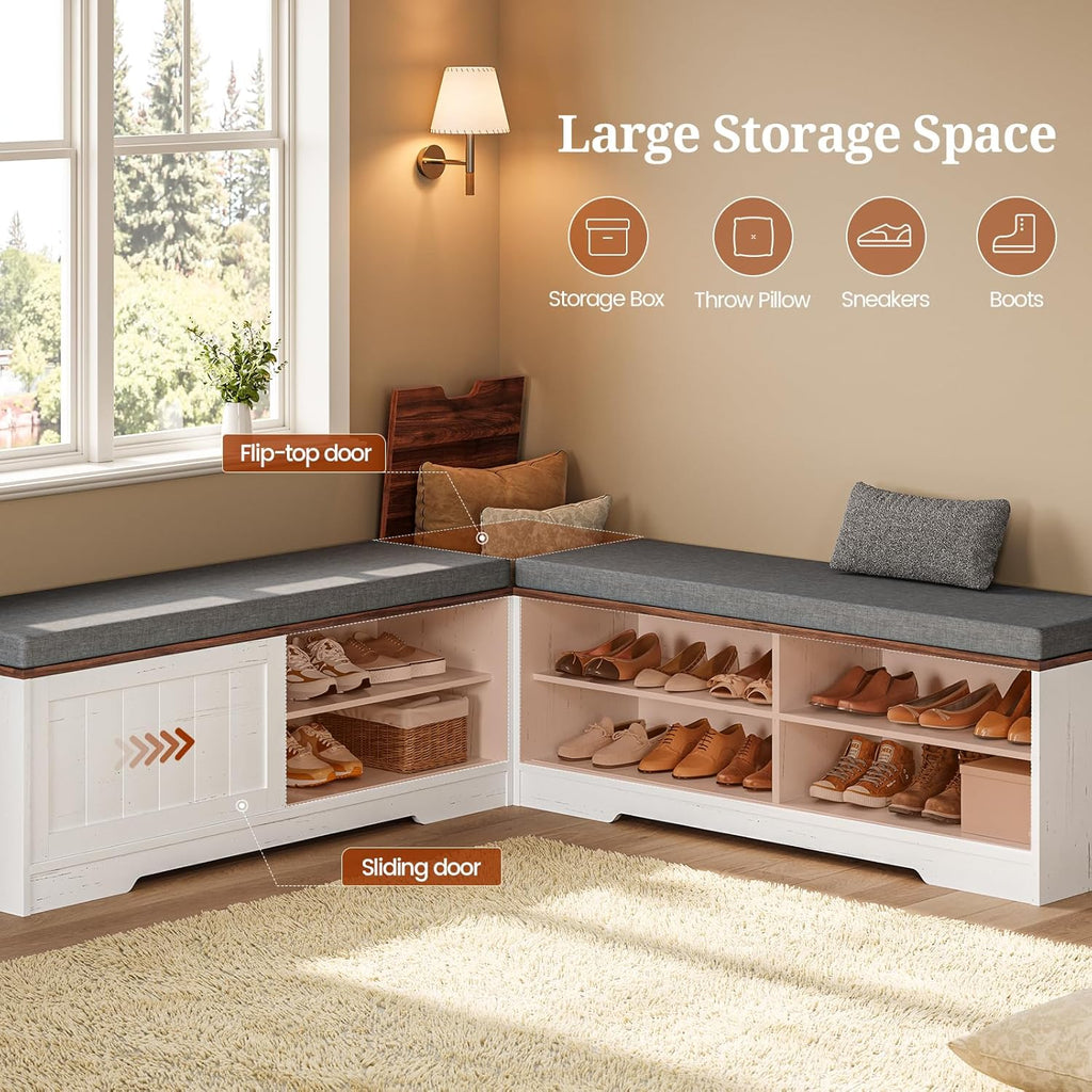 UPOSOJA Farmhouse L Shaped Corner Shoe Storage Bench with Cushion Entryway Shoe Rack with Slide Barn Doors, Adjustable Shelf and 1 Cabinet for Entryway Dining Room, Kitchen, Bedroom (White-Brown)