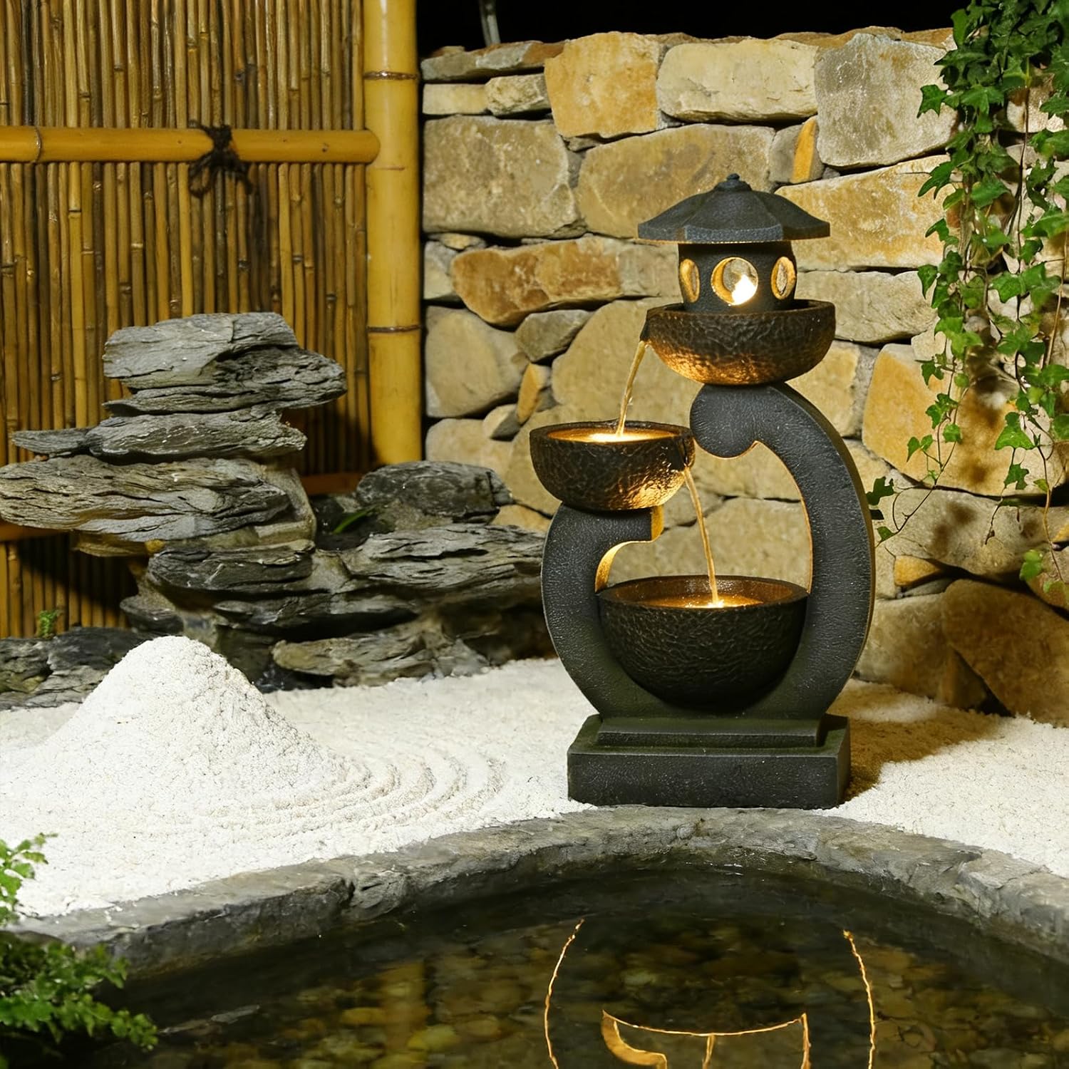Bumilgar 35.24'H Zen Outdoor Water Fountain Garden, Japanese Lantern Multi-Tier Waterfall Fountain Water Feature with Lights for Patio, Garden & Porch