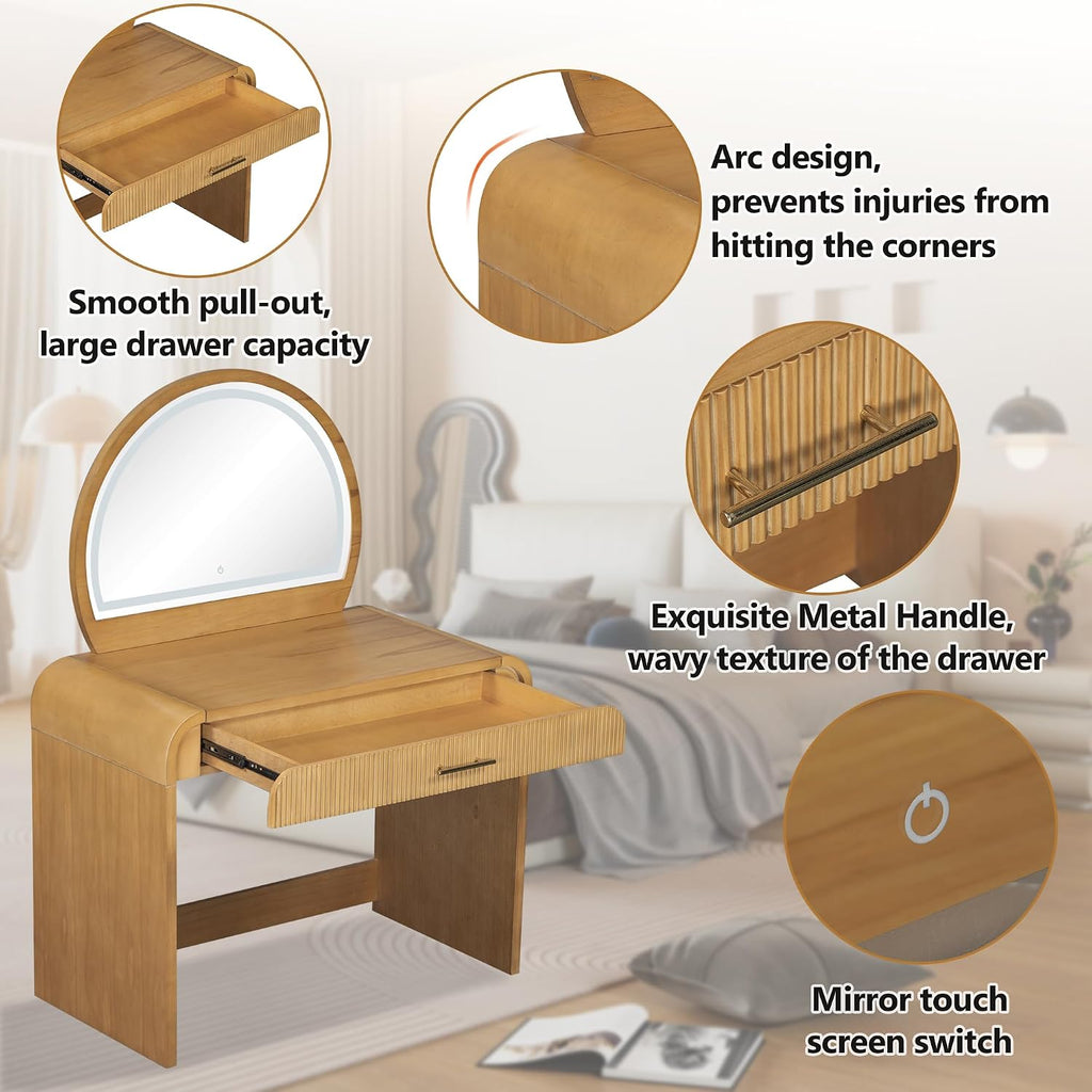 JIJIWANG 39' Makeup Vanity Table with Mirror Touch Screen Lighted Mirror, Dressing Table with Drawer for Bedroom, (Natural, 39' L x 20.1' W x 52.7' H)