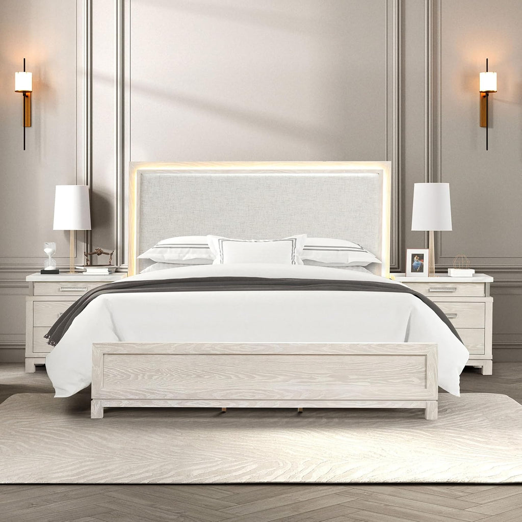 Furniture of America Bailer Modern Solid Wood 3-Piece Bedroom Set with LED on Headboard, Stainless Steal Posts and Marble Top on Nightstand, Box Spring Needed, King, Weathered Gray