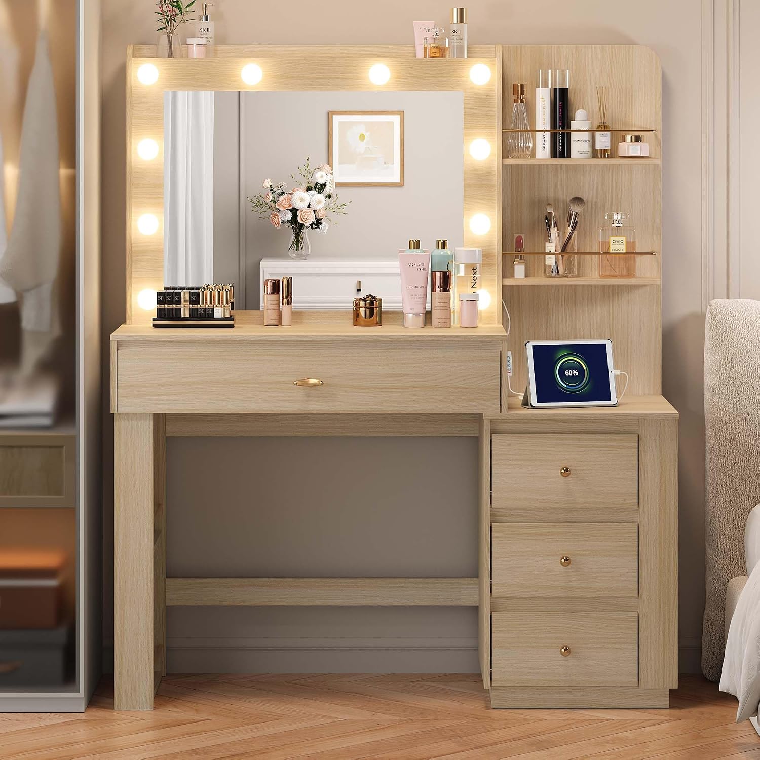 Makeup Vanity Desk with 3 Colors Lights and Mirror, Vanity Table with 10 LED Bulbs & Power Outlet, Large Dressing Table with 6 Storage Shelvess, 4 Drawer for Bedroom, Women and Girls, Oak