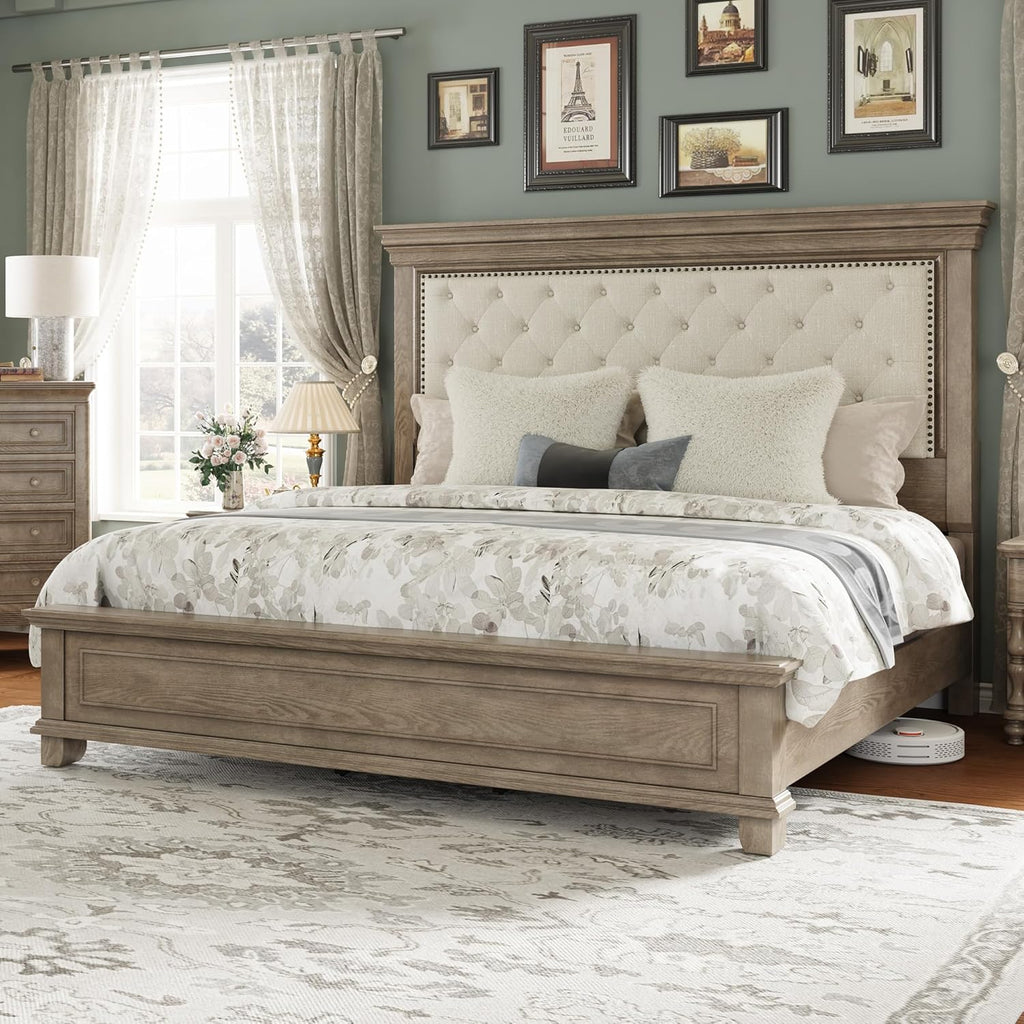 LUXOAK Solid Pine Wood King Bed Frame with 69' High Upholstered Headboard, Transitional Style Platform Bed, No Box Spring Needed & Easy Assembly, Button-Tufted Chenille Fabric, Antique Taupe