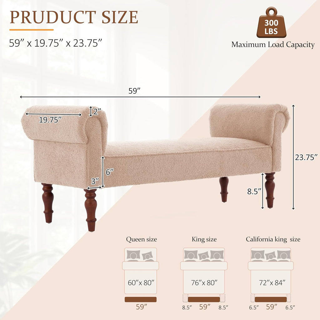 Merax 59' Upholstered Teddy Bench with Rolled Arms, End of Bed Bench with Cushion & Solid Wood Legs for Bedroom, Living Room, Entryway, Light Khaki
