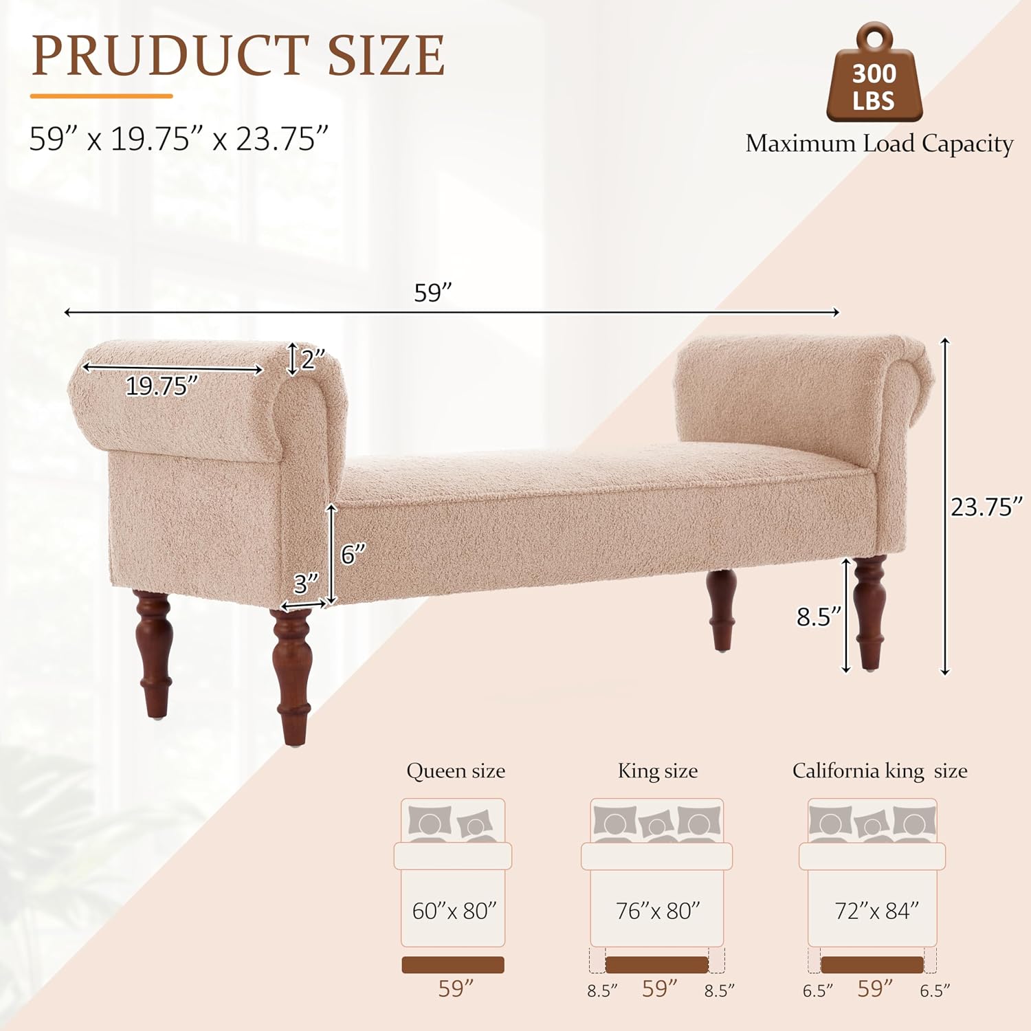 Merax 59' Upholstered Teddy Bench with Rolled Arms, End of Bed Bench with Cushion & Solid Wood Legs for Bedroom, Living Room, Entryway, Light Khaki