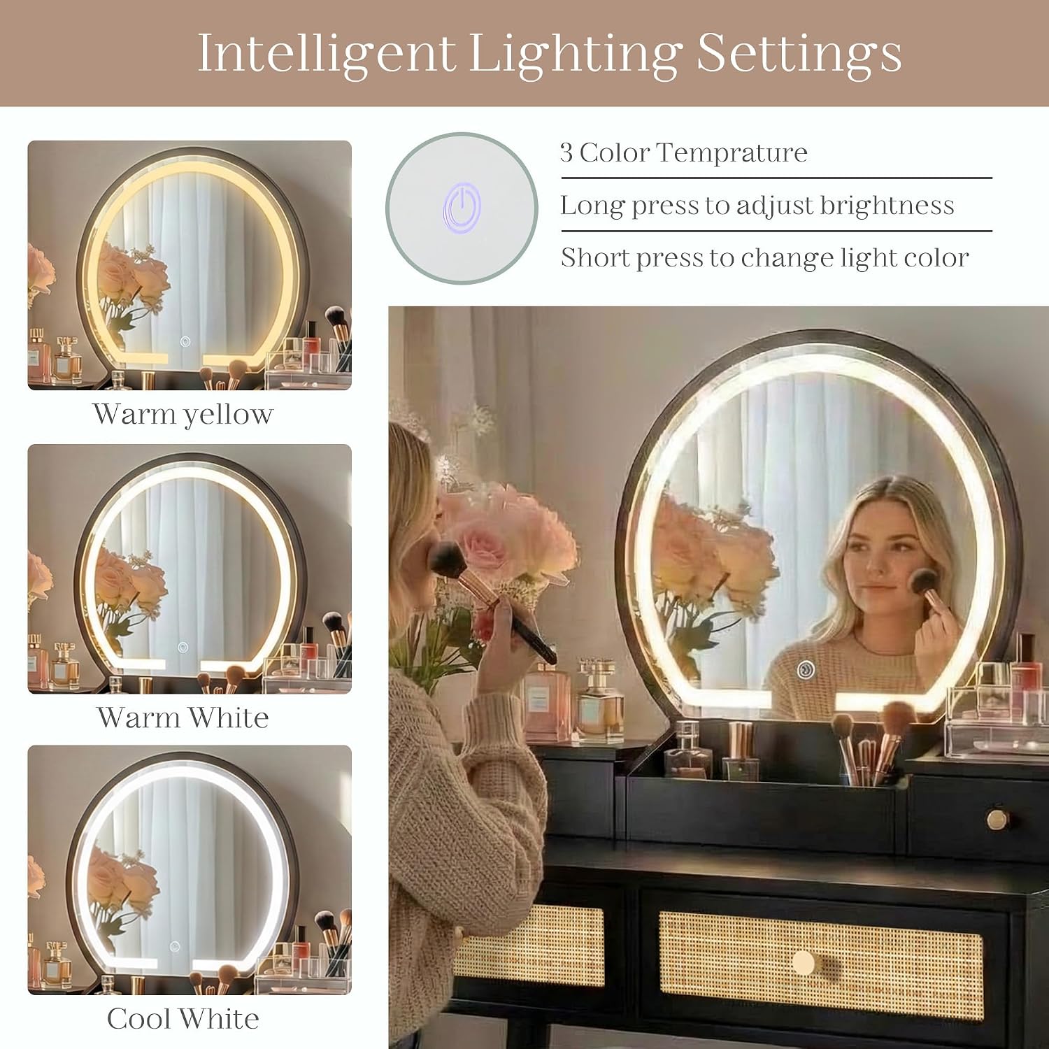 Brafab Small Vanity Desk with Stool for Bedroom, Boho Rattan Compact Makeup Vanity Table with 3 Modes Adjustable LED Mirror, 31' Space Saving Dressing Table Vanity Set, Black