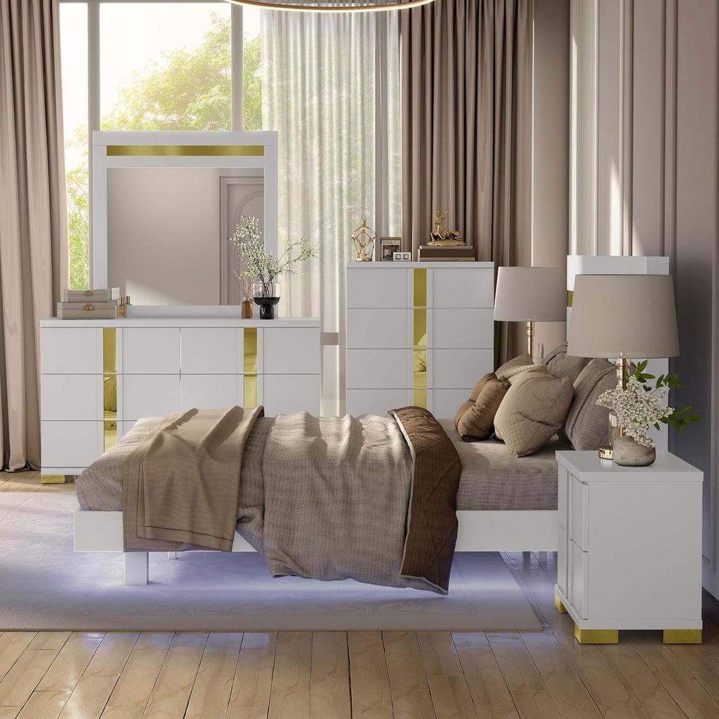 Furniture of America Ansten Modern Wood 6-Piece Platform Bedroom Set with Gold Trim, Underbed LED, Dust Proof Cases, Bracketed Metal Legs, No Box Spring Needed, Twin, White
