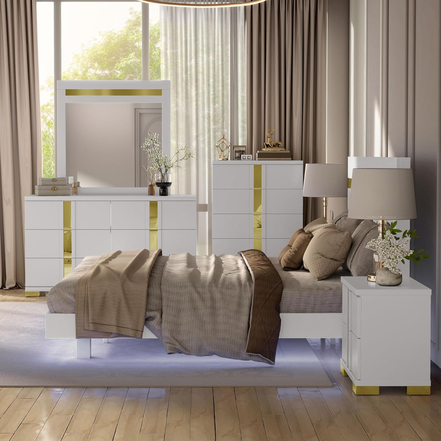 Furniture of America Ansten Modern Wood 6-Piece Platform Bedroom Set with Gold Trim, Underbed LED, Dust Proof Cases, Bracketed Metal Legs, No Box Spring Needed, Twin, White