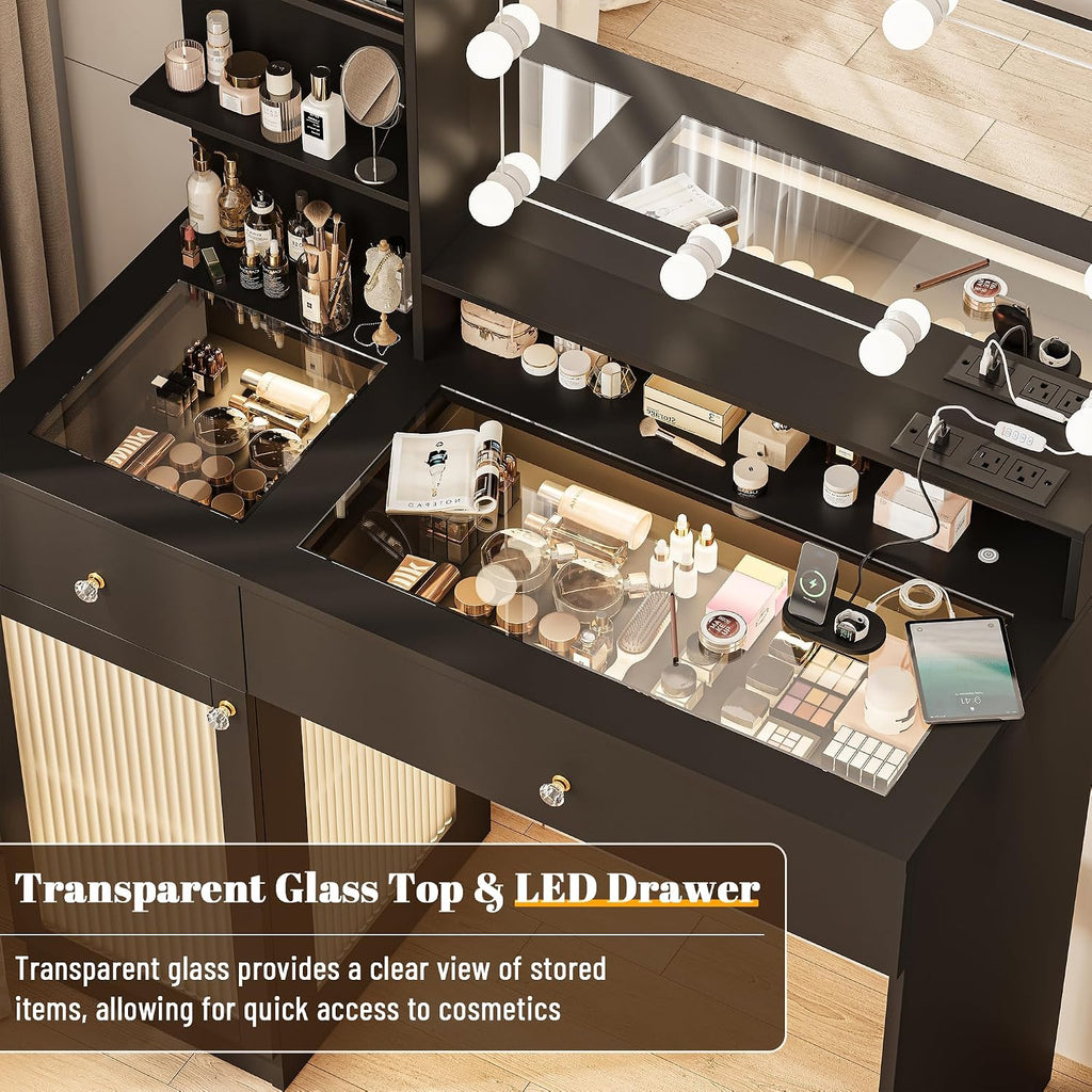 INNOD 40' Vanity Desk with Large Mirror and Lights, Modern Glass Top Makeup Vanity Set with Power Outlet, Drawers and Cabinet, 3 Lighting Color Adjustable Dressing Table for Bedroom, Black