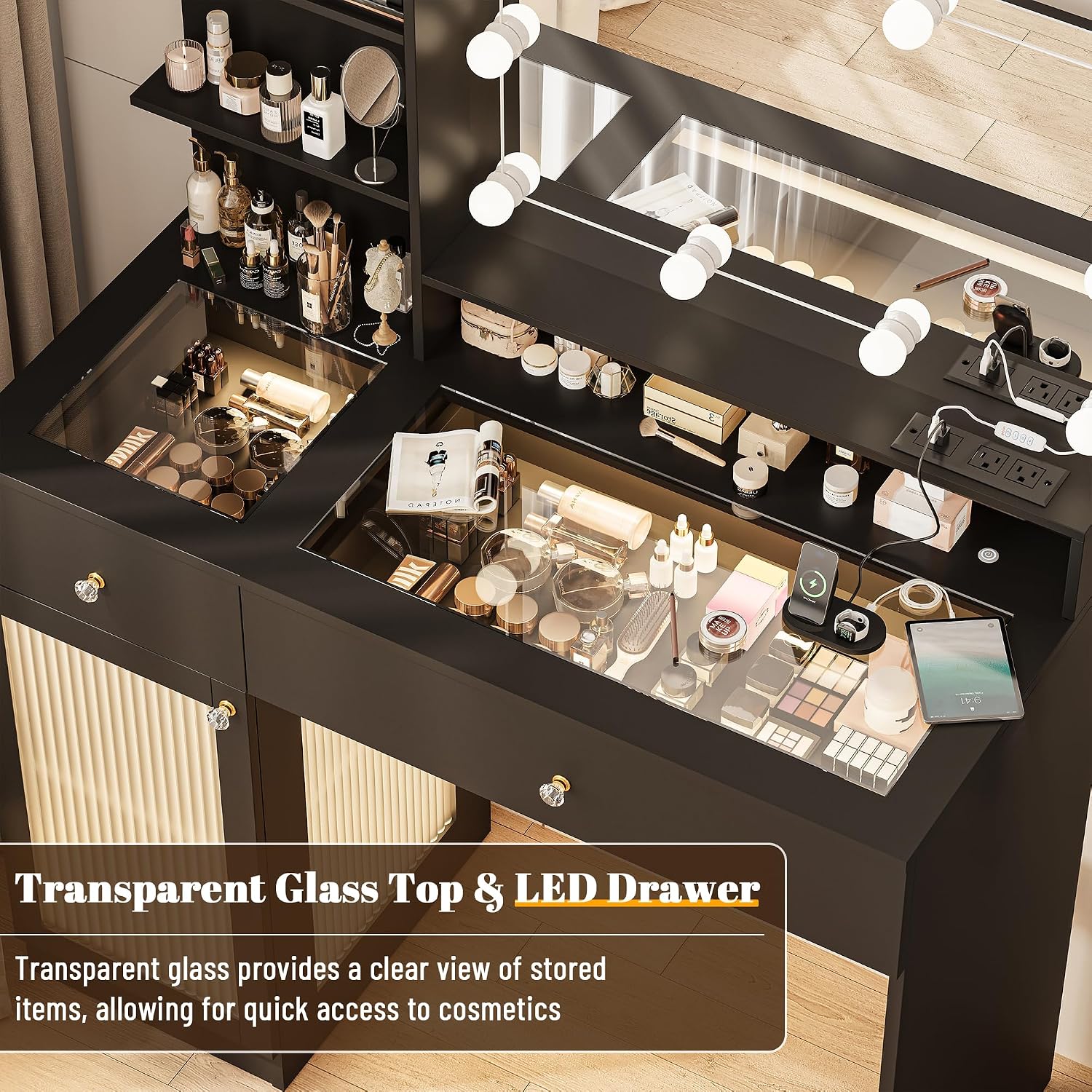 INNOD 40' Vanity Desk with Large Mirror and Lights, Modern Glass Top Makeup Vanity Set with Power Outlet, Drawers and Cabinet, 3 Lighting Color Adjustable Dressing Table for Bedroom, Black