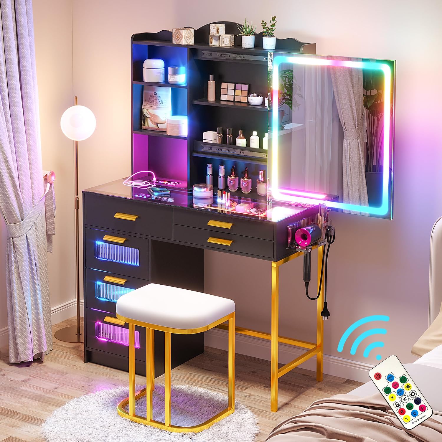 HENBC Vanity Desk with Sliding Mirror and Glass Desktop, LED Vanitys Mirror with RGB Lights Desk and Chair, Dressers Table Set with Charging Station/Makeup Organizer/6 Drawers for Bedroom(Black)