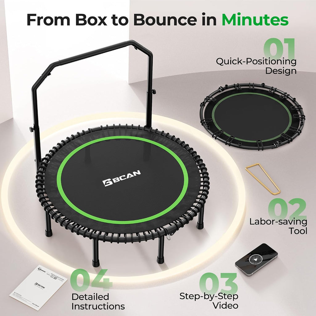 BCAN BT2 450/550LBS Mini Rebounder Trampoline for Adults with Bar, Fitness Trampoline with Bungees, Adjustable Handle, Stable & Quiet, Indoor Outdoor, Whole-Body Workout & Relaxation at Home-40IN/48IN
