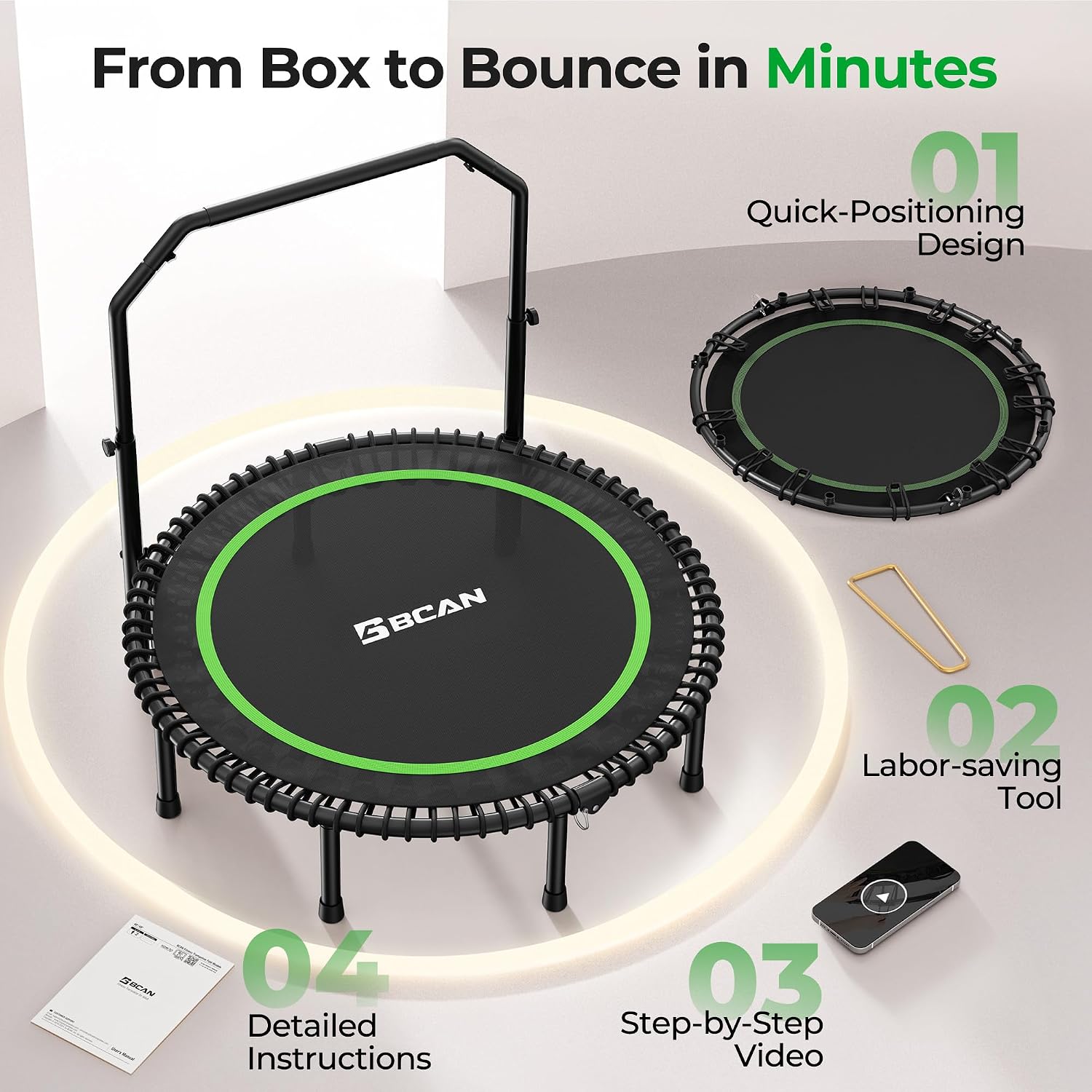BCAN BT2 450/550LBS Mini Rebounder Trampoline for Adults with Bar, Fitness Trampoline with Bungees, Adjustable Handle, Stable & Quiet, Indoor Outdoor, Whole-Body Workout & Relaxation at Home-40IN/48IN