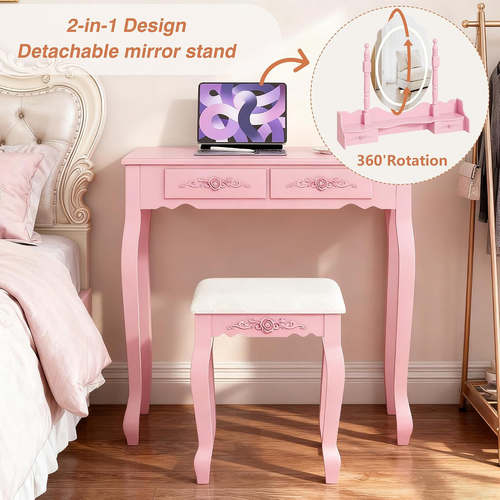 Whalefall Vanity Desk with Mirror and 3 Lights Modes, Makeup Vanity with Cushioned Stool, 4 Storage Drawers Makeup Table for Women and Girls, Bedroom or Dorm Guest Room