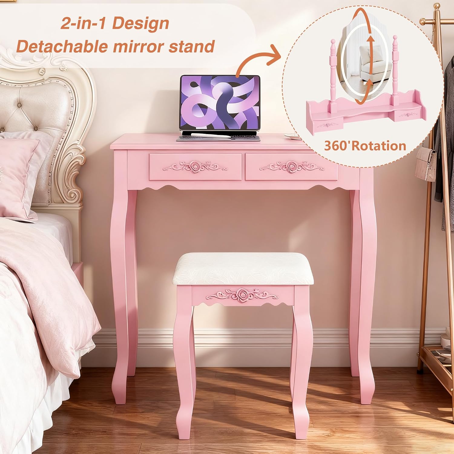 Whalefall Vanity Desk with Mirror and 3 Lights Modes, Makeup Vanity with Cushioned Stool, 4 Storage Drawers Makeup Table for Women and Girls, Bedroom or Dorm Guest Room