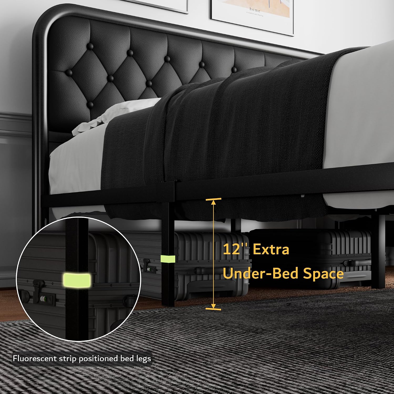 iPormis Queen Size Metal Bed Frame with Leather Headboard, Heavy-Duty Platform Bed Frame, Thicker Metal Steel Slats Support, 12'' Under-Bed Space, Noise-Free, Easy Assembly, Black