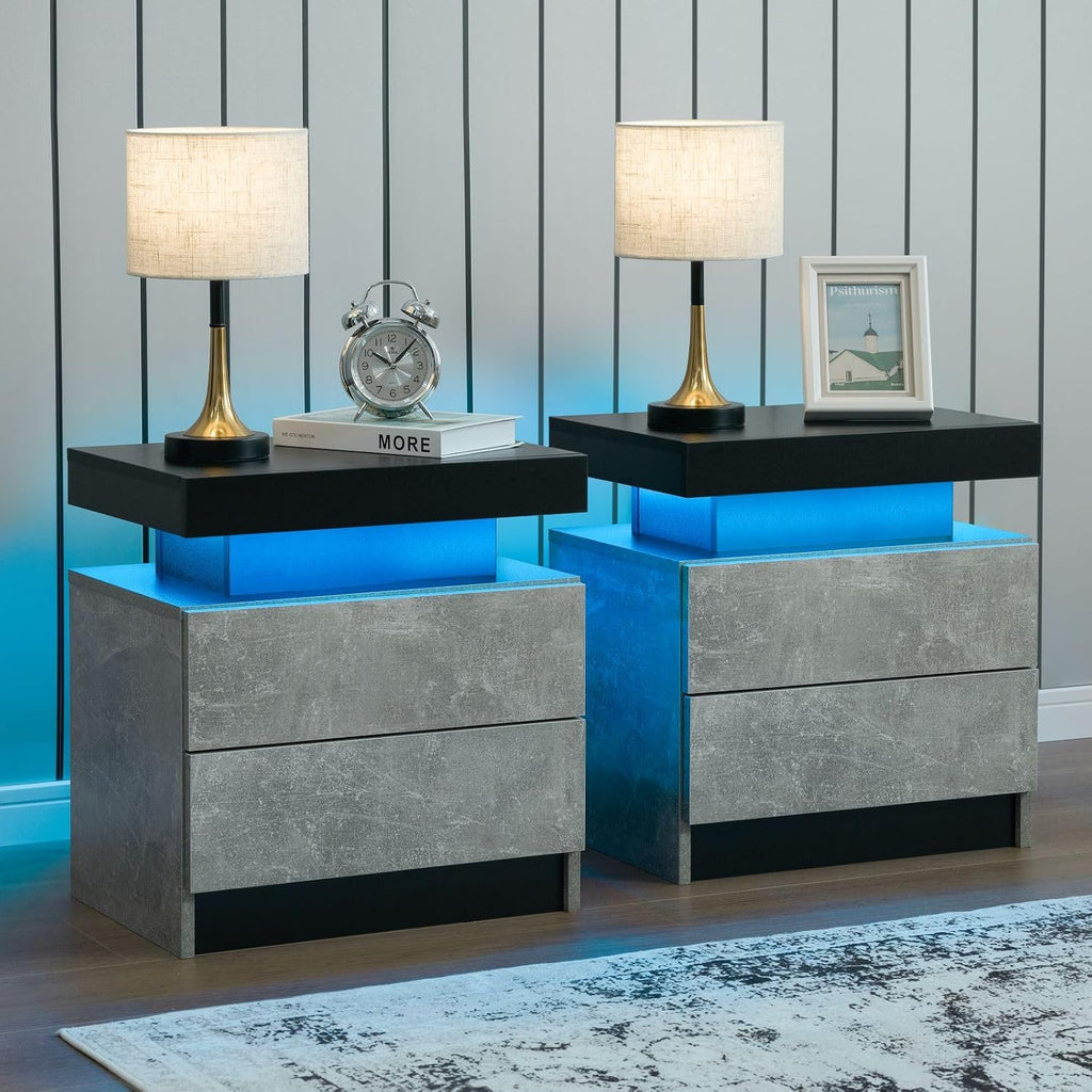 i-aplus Nightstand Set of 2 LED Nightstand with 2 Drawers, Bedside Table with Drawers for Bedroom Furniture, Side Bed Table with LED Light, Grey Black