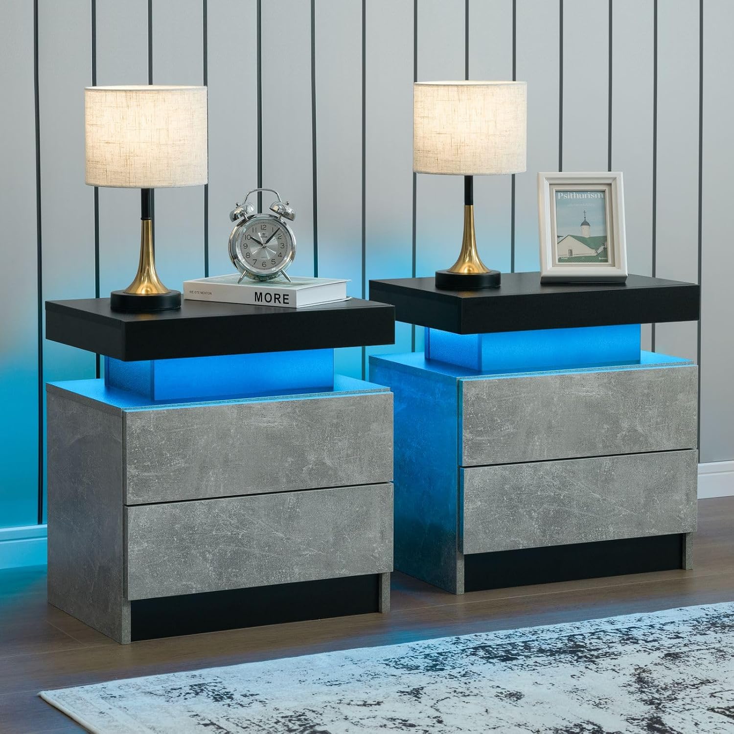 i-aplus Nightstand Set of 2 LED Nightstand with 2 Drawers, Bedside Table with Drawers for Bedroom Furniture, Side Bed Table with LED Light, Grey Black
