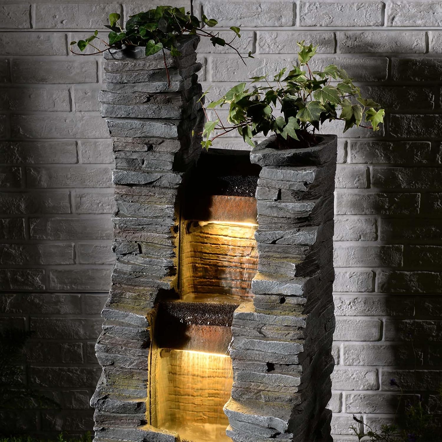 Bumilgar 47' H Garden Water Fountain Outdoor with LED Lights & Pump, 3-Tier Cascading Outdoor Fountain for Garden,Patio,Porch,Backyard,Home Art Decor (Gray)
