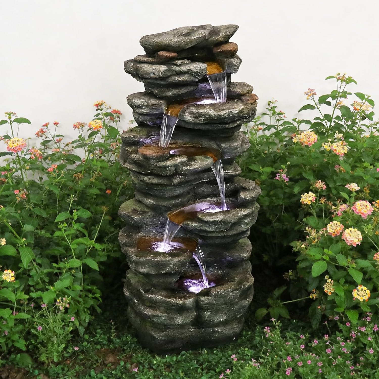 Naturefalls 40inches High Outdoor Rock Water Fountain with LED Lights - 6-Tiers Poly-Resin Cascading Waterfall Fountain for Garden, Patio, Yard, Home Decor