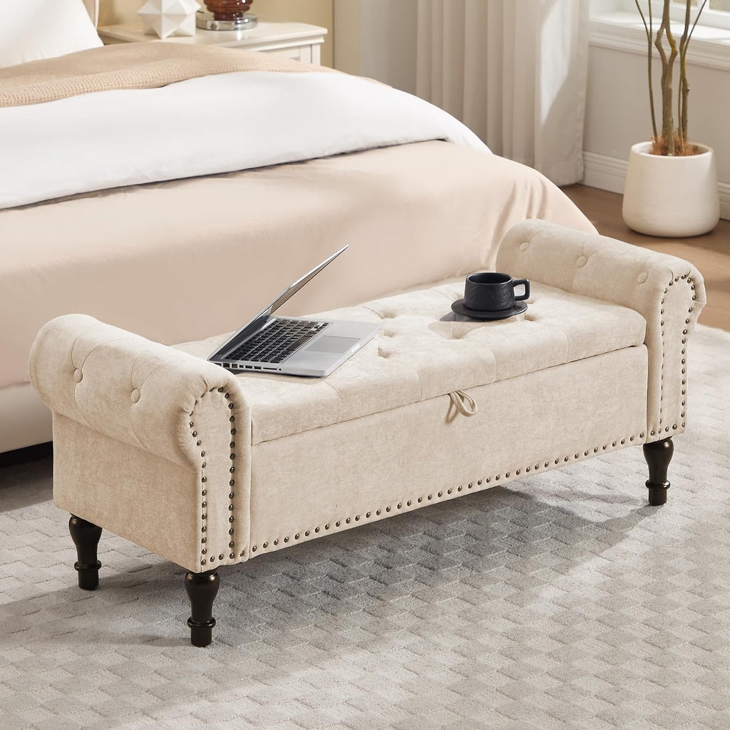 51' Storage Bench for Bedroom, Chenille End of Bed Bench, Queen Size Bench with Rolled Arms, Tufted Storage Ottoman Benches, Upholstered Bench for Bedroom, Living Room, Entryway, Camel