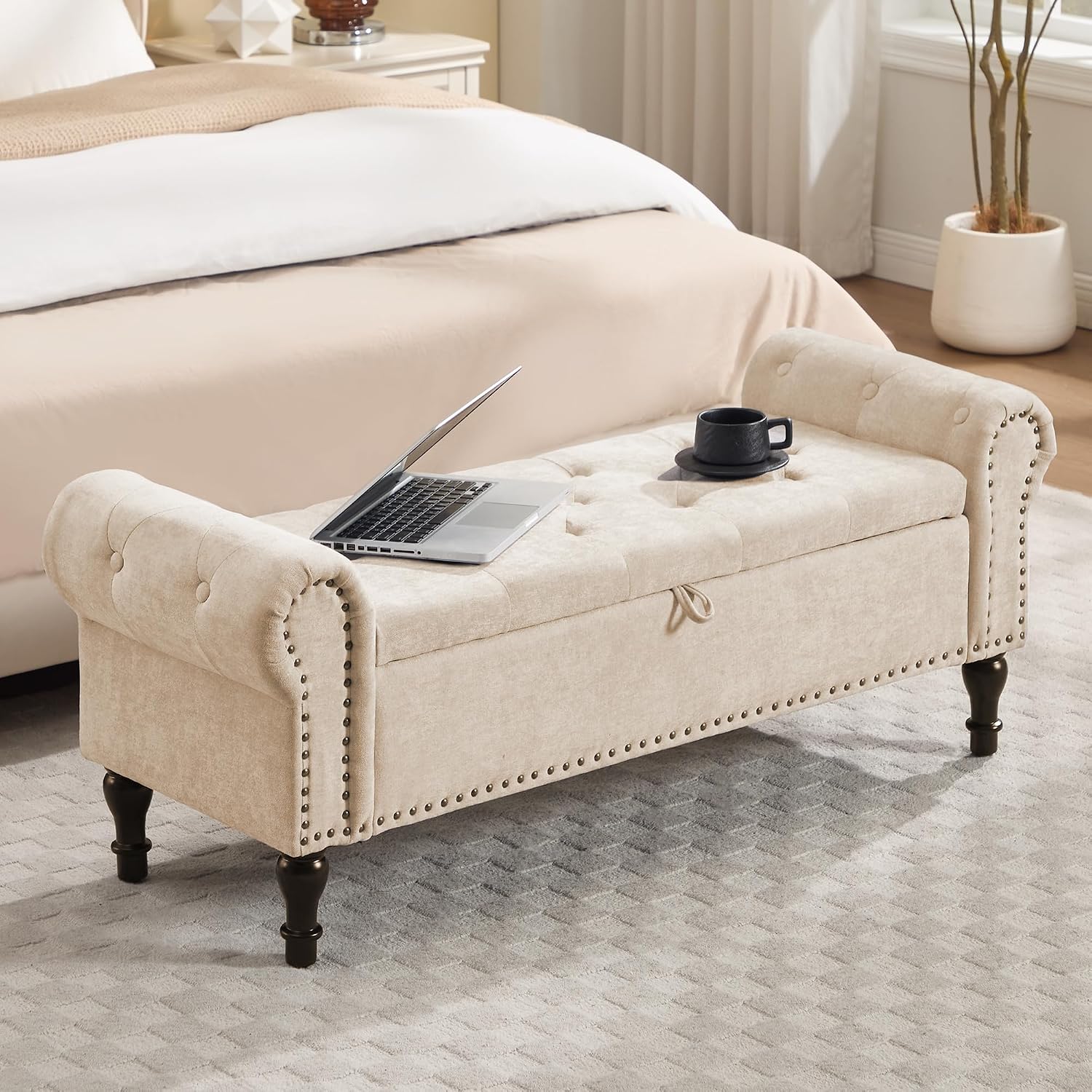 51' Storage Bench for Bedroom, Chenille End of Bed Bench, Queen Size Bench with Rolled Arms, Tufted Storage Ottoman Benches, Upholstered Bench for Bedroom, Living Room, Entryway, Camel