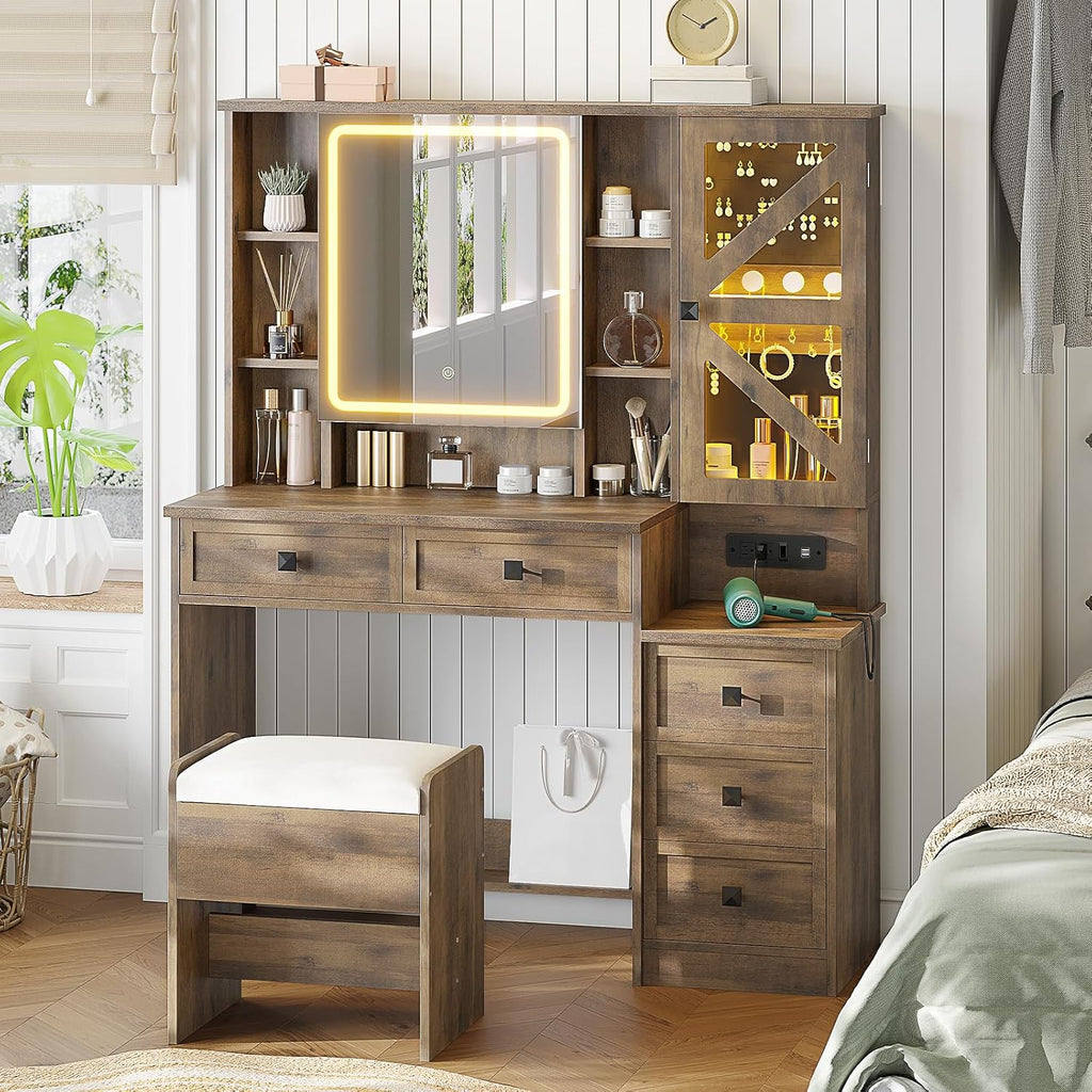 AOGLLATI Farmhouse Vanity Desk with Mirror and Lights, Makeup Vanity Set with Lights & Jewelry Cabinet & 5 Drawers, Vanity Table with Charging Station, Hidden Storage Space for Bedroom, Brown