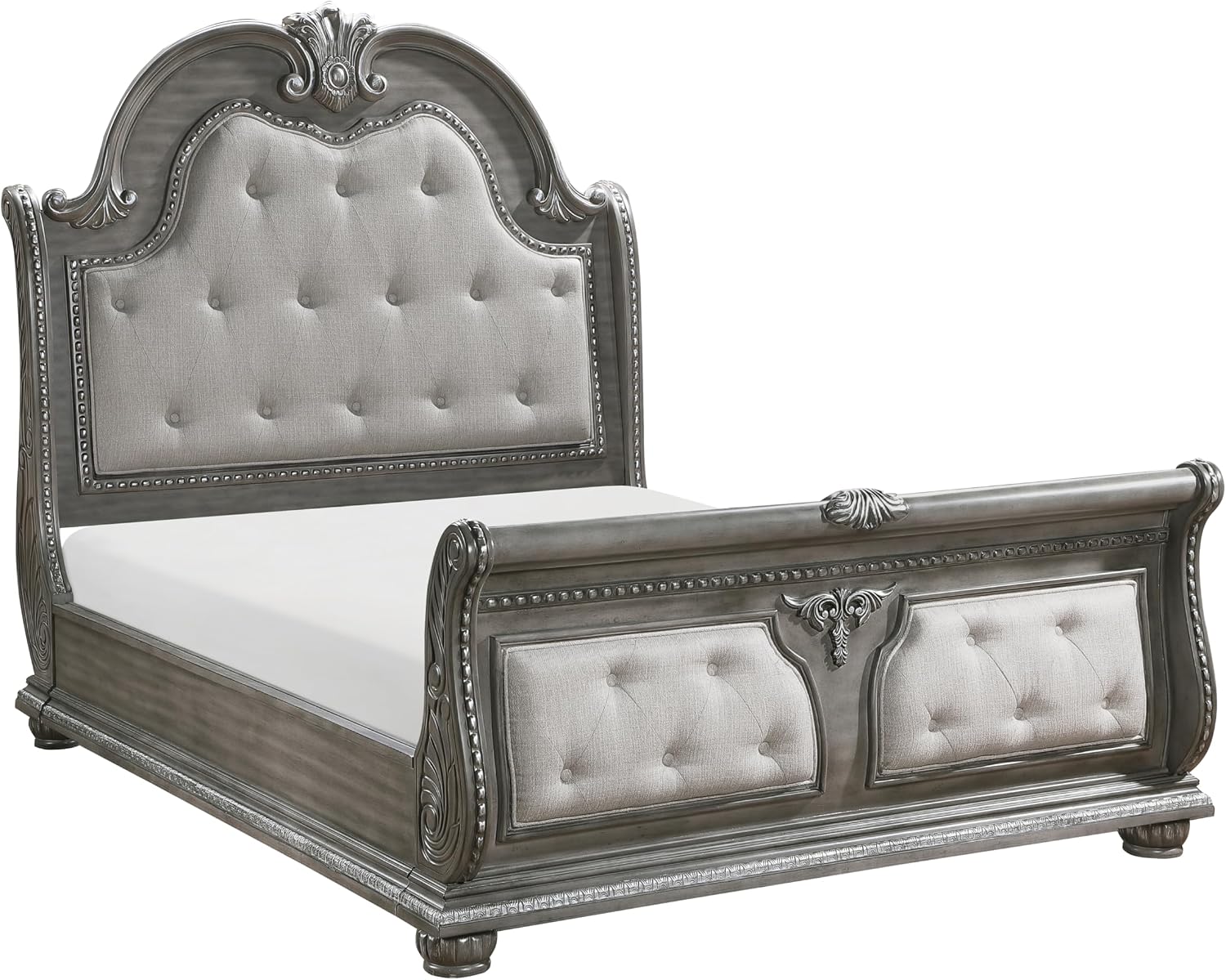 Formal 4-Pieces King Size Bed Set Gray Finish Carving Wood Luxury Traditional Bedroom Furniture