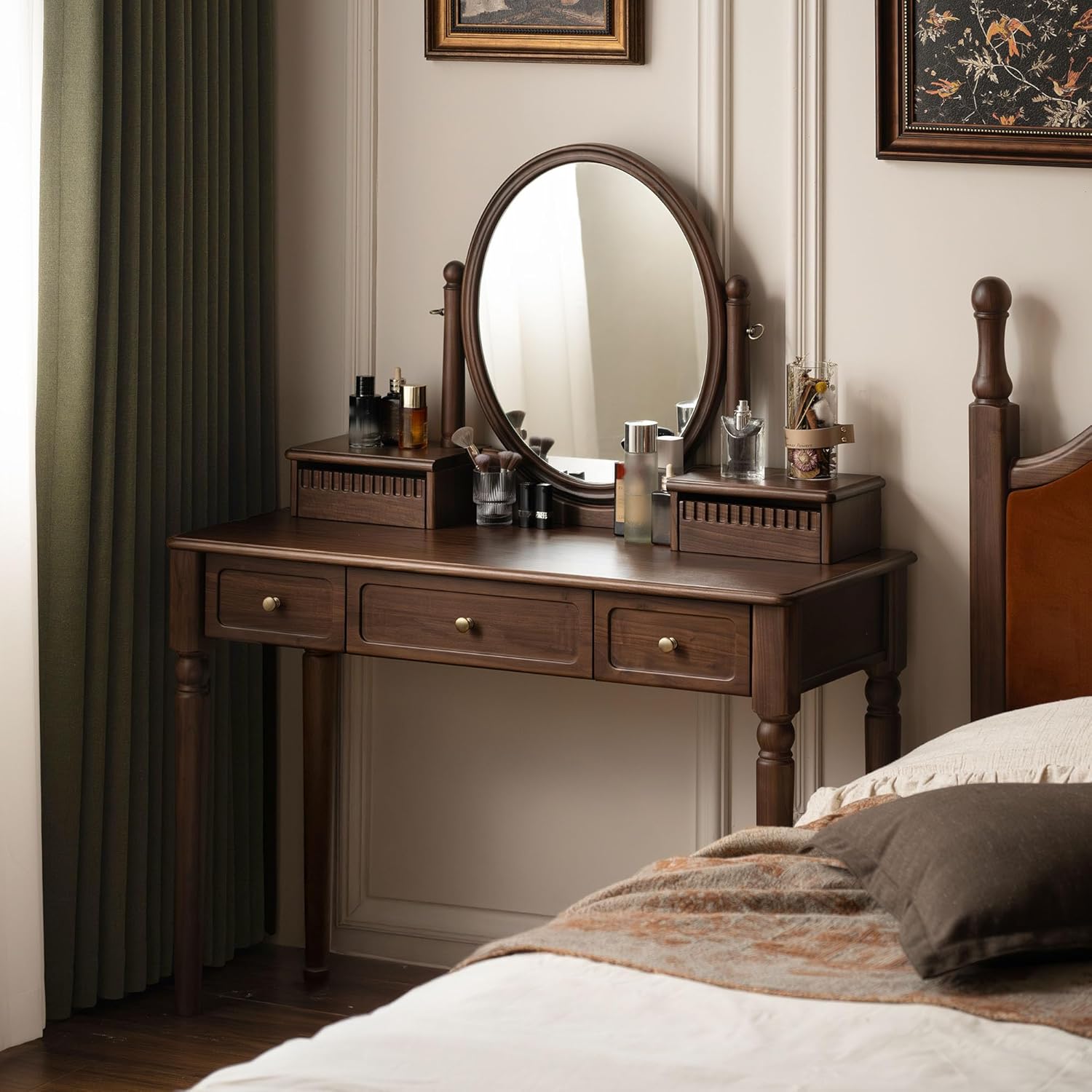 Vintage Vanity Desk with Rotating Mirror, Solid Walnut Dressing Table for Bedroom, Dark American Style Vanity, 37' W x 18' D x 56' H