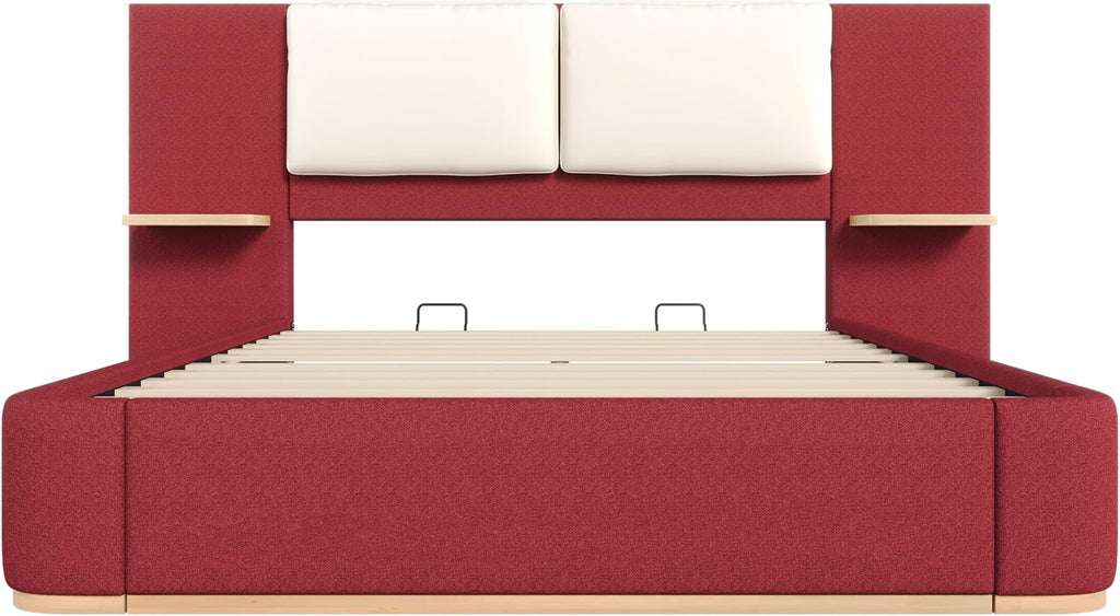 Luxury Bed Frame with Nightstands Modern Bedroom Set, Red Queen Size Floor Platform Bed with Oversize Soft Upholstered Tall Headboard Bedframe, No Box Spring Needed (Red, Queen)