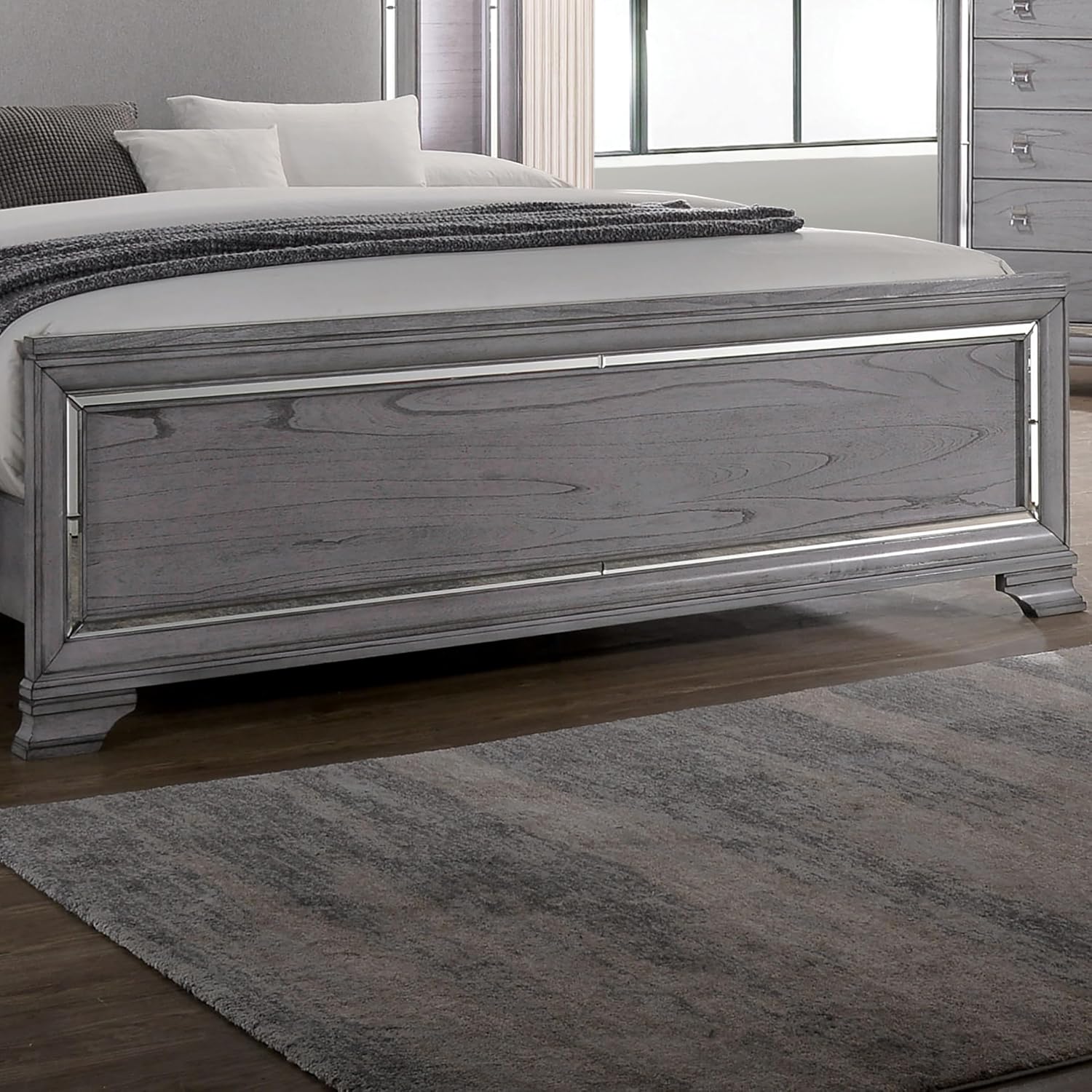 Furniture of America Zenka Wood Frame 3-Piece Bedroom Set, King-Size Bed with Lighted & Padded Headboard and 2-Drawer Nightstand, Felt-Lined Top Storage, Box Spring Required, Light Gray