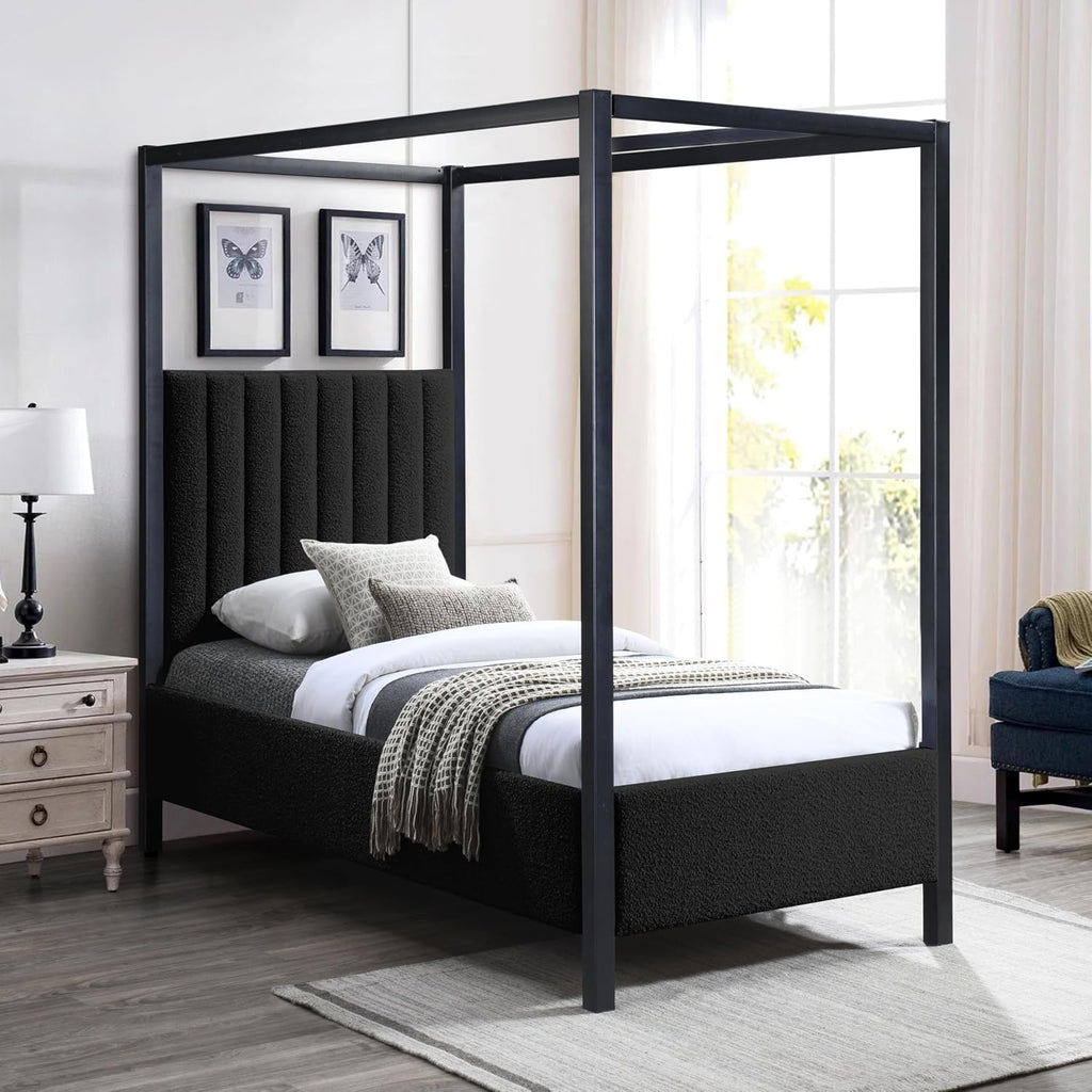 Meridian Furniture KellyBlack-T Kelly Collection Modern | Contemporary Twin Bed with Rich Black Boucle Fabric, Matte Black Iron Metal Frame Canopy, 41' W x 80' D x 77' H, Black, Twin