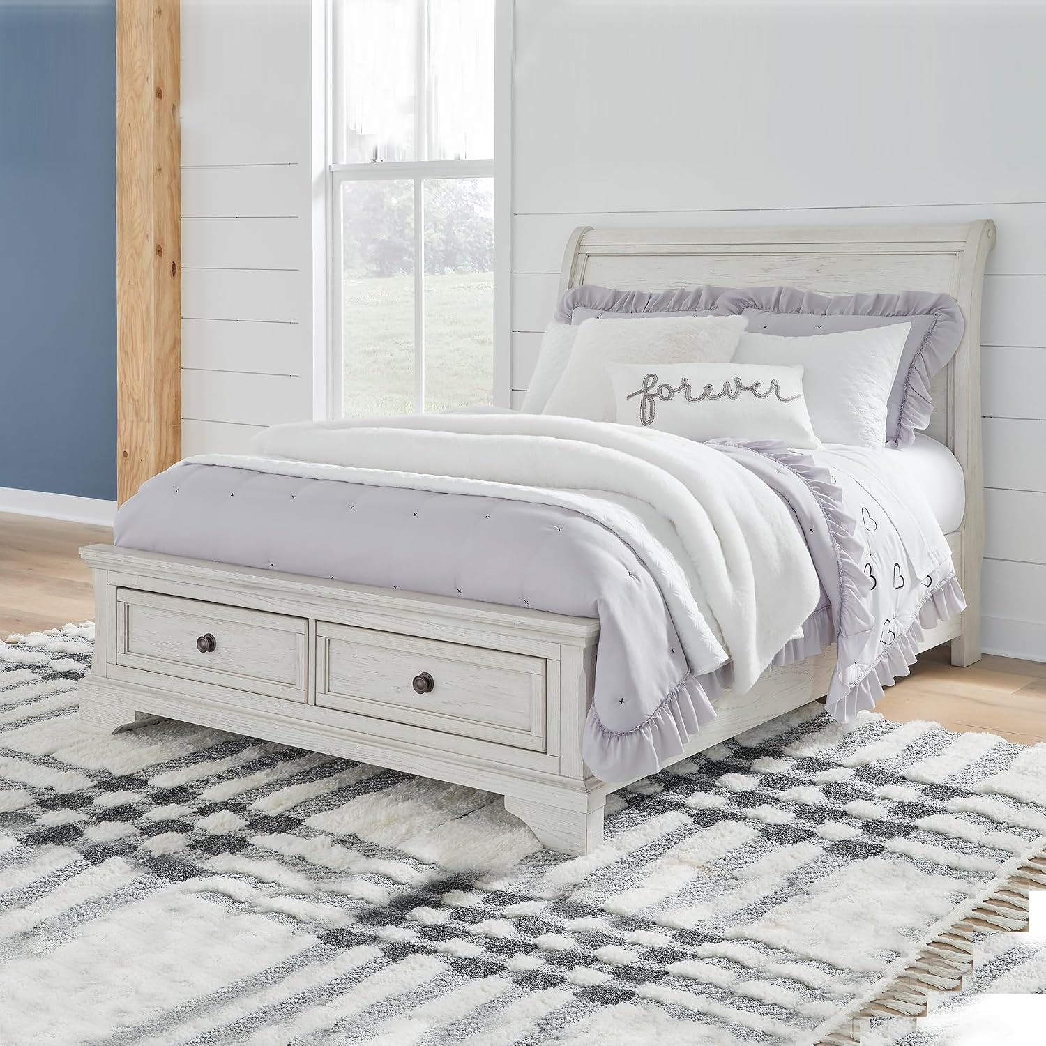 Signature Design by Ashley Robbinsdale Casual Full Sleigh Storage Platform Bed with 2 Drawers, Foundation or Box Spring Not Needed, White