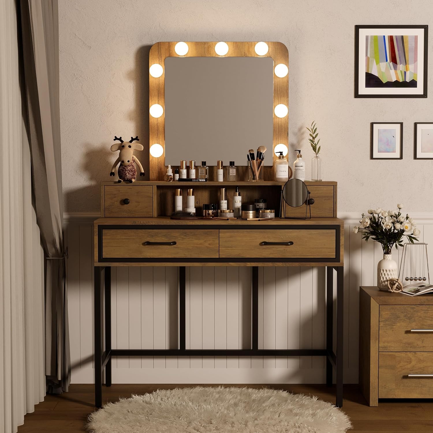 SUNVIVI Vintage Vanity Desk with Lighted Mirror, 40' Large Dressing Makeup Vanity Table with 4 Drawers, 3 Color Lighting Modes & 10 Brightness, Dressing Table with Metal Frame for Woman Adult Bedroom