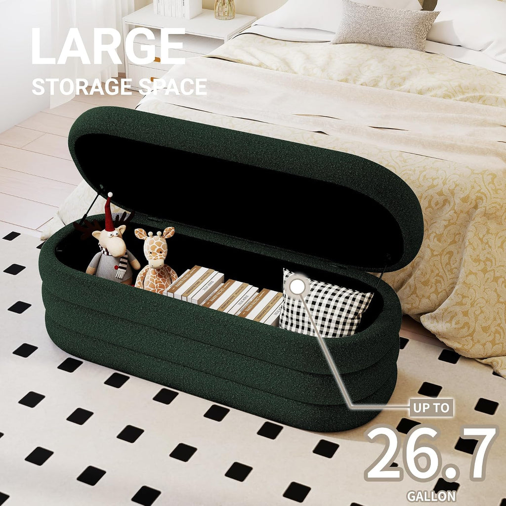 Busaurus Storage Ottoman Bench 49.2 Inch Upholstered Fabric Storage Bench for Bedroom End of Bed Aesthetic Large Oval Ottoman for Living Room(Dark Green)