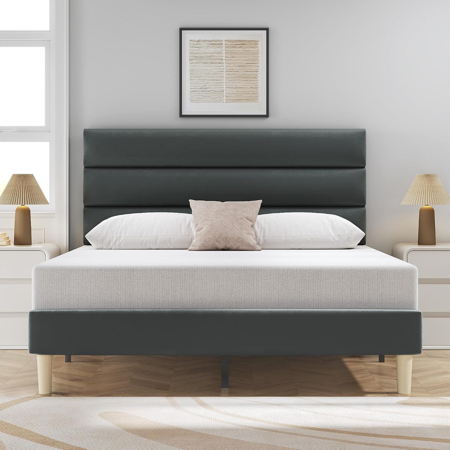 Fluest Full Bed Frame, Platform Bed Frame with Velvet Upholstered Headboard, No Box Spring Needed, Sturdy Metal Support, Noise Free, Easy Assembly, Modern Bedroom Furniture, Grey