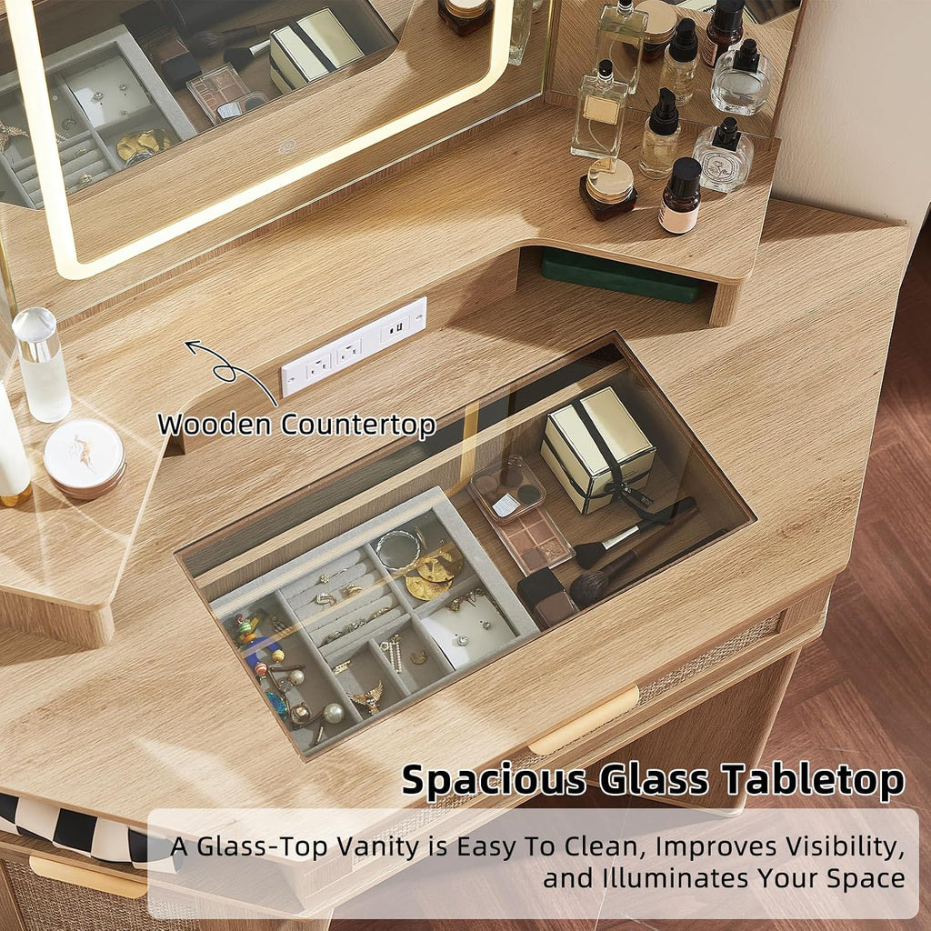 Lerliuo LEYAOYAO Fluted Makeup Vanity Desk with Mirror and Lights, 43.5'' Blue Vanity Table with Glass Top and Power Outlet, Make Up Vanity with 6 Drawers and Adjustable Shelves for Bedroom