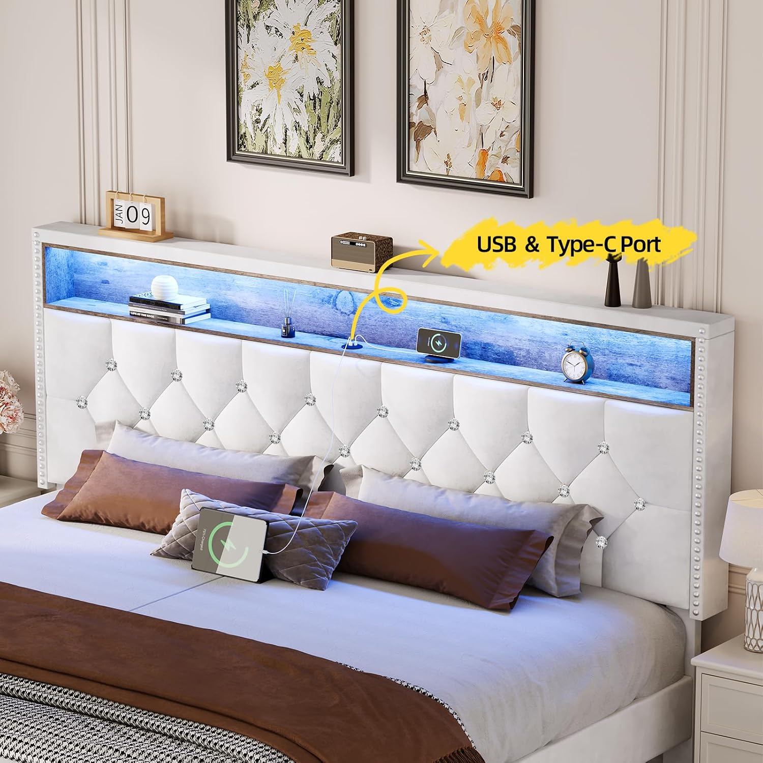 HOMBCK Full Size Bed Frame with LED Lights, Velvet Upholstered Bed Frame Full with Charging Station and Storage Headboard, Modern Diamond and Rivet Design, No Box Spring Needed, Easy Assembly, Beige
