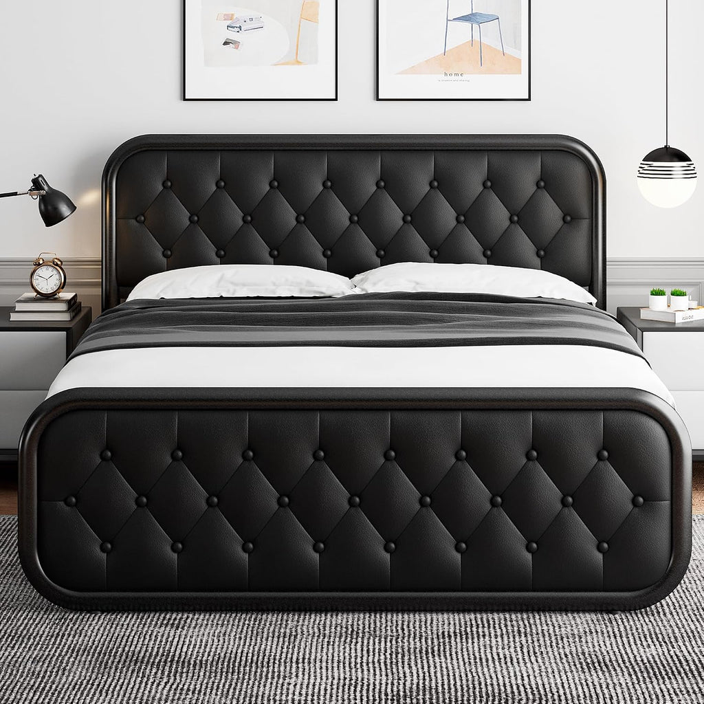 iPormis Queen Size Metal Bed Frame with Leather Headboard, Heavy-Duty Platform Bed Frame, Thicker Metal Steel Slats Support, 12'' Under-Bed Space, Noise-Free, Easy Assembly, Black