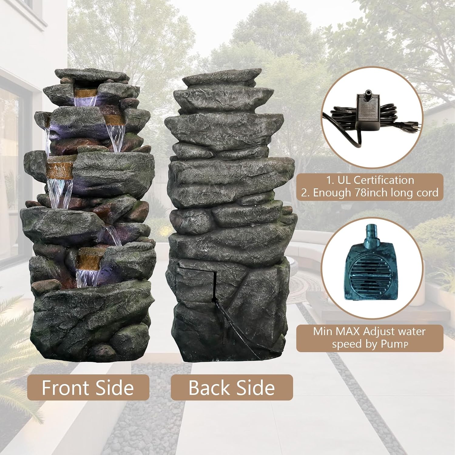 Naturefalls 40.55inches High Outdoor Rock Water Fountain with LED Lights - 6-Tiers Poly-Resin Cascading Waterfall Fountain for Garden, Patio, Yard, Home Decor