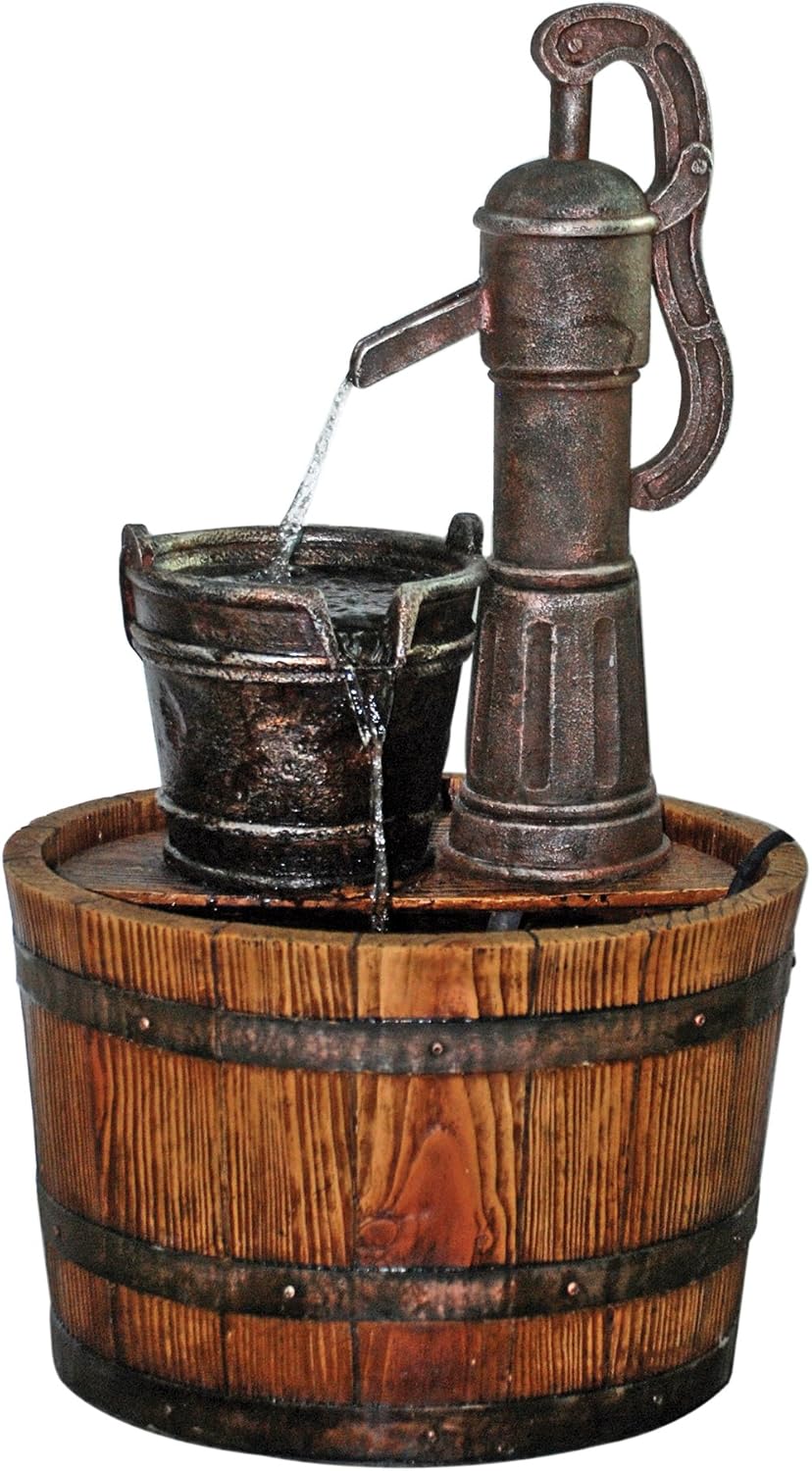 Design Toscano SS11155 Water Fountain - Cistern Well Pump Wood Barrel Garden Decor Fountain - Outdoor Water Feature,full color