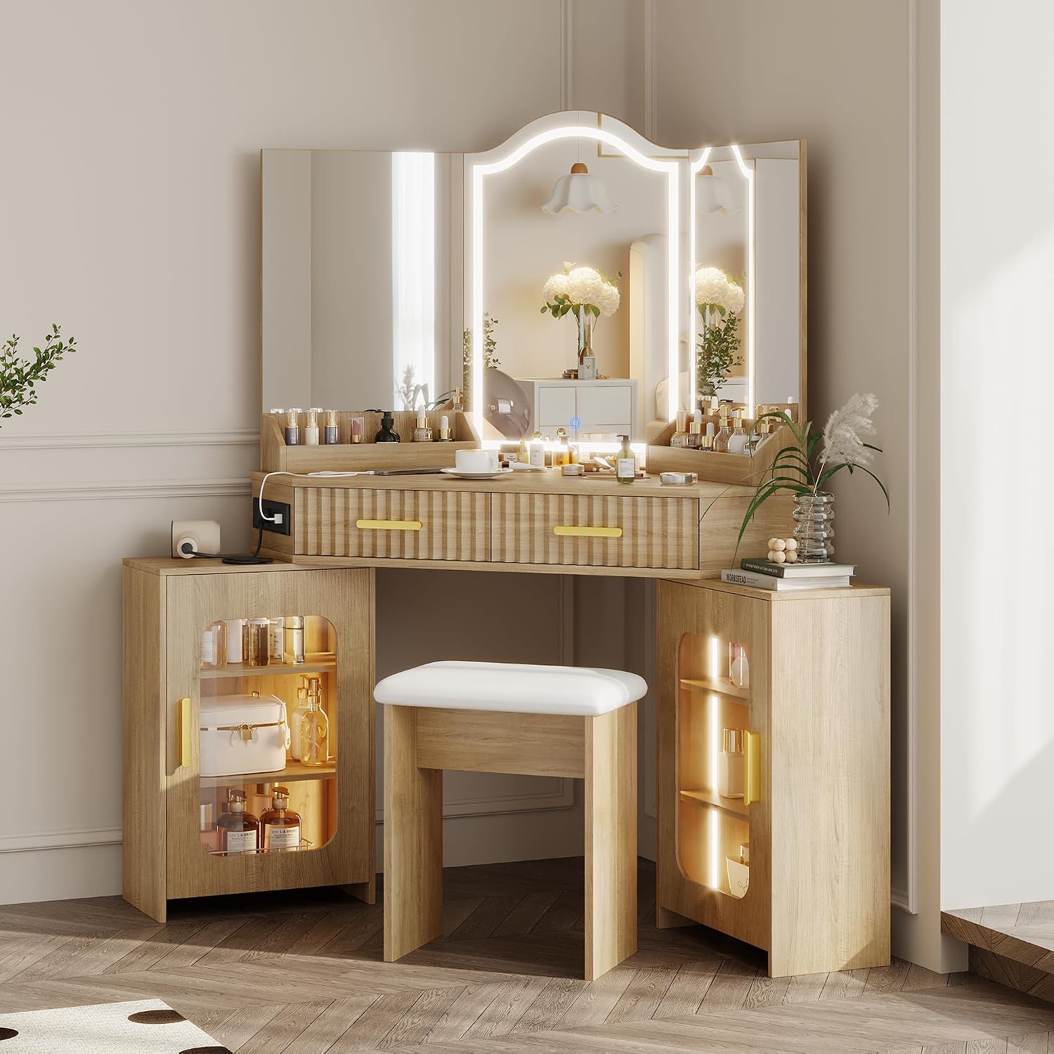 Corner Vanity Desk with 3 Way Mirror & LED Lights, Makeup Table Set with Charging Station, Storage Drawers & Side Cabinets, Modern Bedroom Dressing Table for Women & Girls Birthday Gift