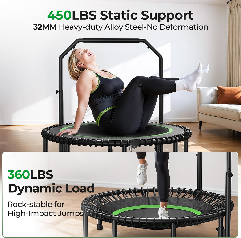 BCAN BT2 450/550LBS Mini Rebounder Trampoline for Adults with Bar, Fitness Trampoline with Bungees, Adjustable Handle, Stable & Quiet, Indoor Outdoor, Whole-Body Workout & Relaxation at Home-40IN/48IN